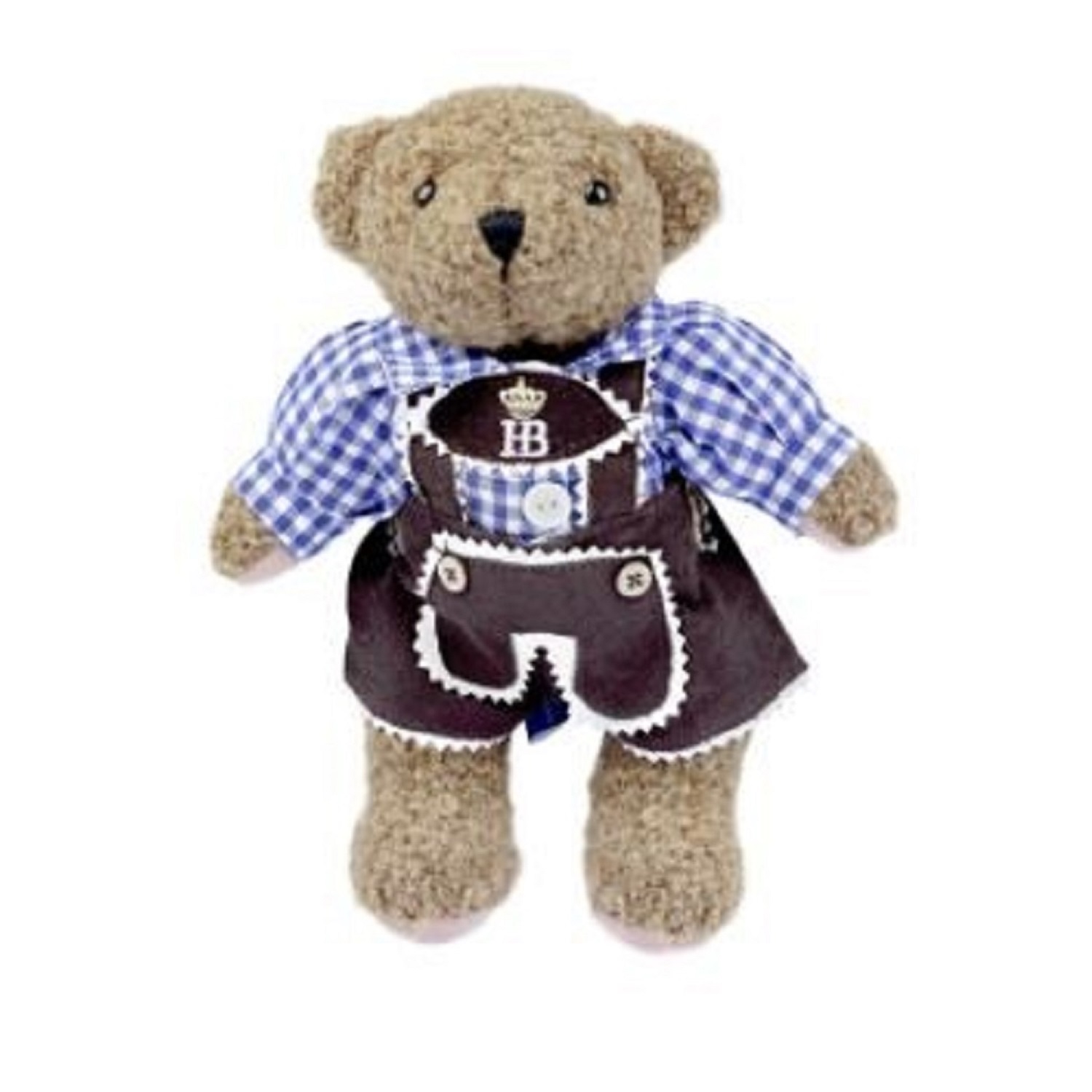 Plüschbär mit blauer Karo-Tracht und brauner Lederhose mit HB-Logo