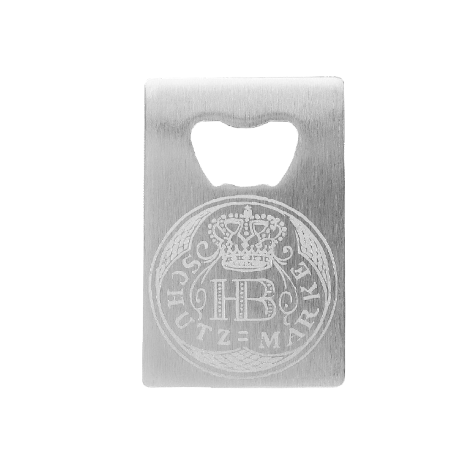 Metall-Flaschenöffner mit eingraviertem HB-Schutzmarke-Logo und Krone im klassischen Design.