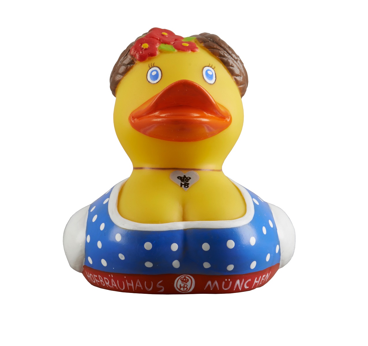 Gelbe Badeente im Dirndl mit blau-weiß gepunktetem Kleid, braunen Zöpfen, roter Blumendeko im Haar und Herzanhänger mit 'HB'-Logo, frontal fotografiert