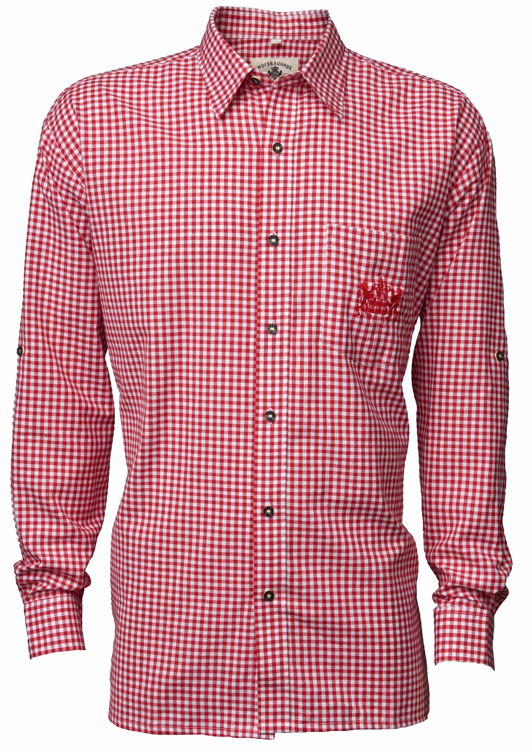HB HB-Trachtenhemd-rot-kariert mit  Hofbräuhaus Löwen Wappen auf der Brust