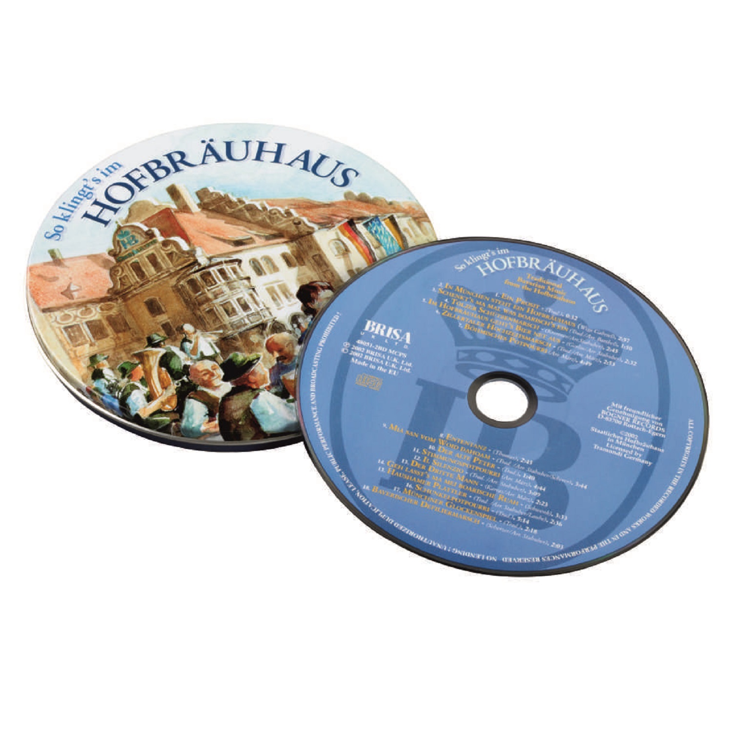 Musik-CD so klingts im Hofbräuhaus in runder Metalldose mit HB-Logo und Fassade vom Hofbräuhaus – traditionelle bayerische Lieder und Stimmungsmusik.