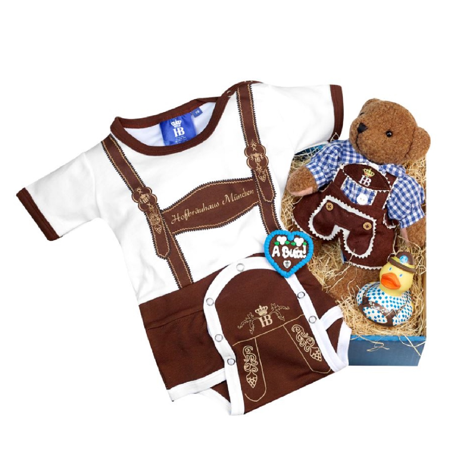 Geschenkbox mit Baby-Set 'Bua': braun-weißem Body im Lederhosen-Design mit Hofbräuhaus München Aufdruck, Stoffbär in Tracht und einer kleinen Gummiente im bayrischen Outfit.