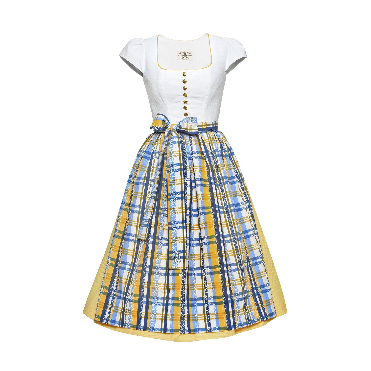 Traditionelles Dirndlkleid in Weiß mit blau-gelbem Karomuster und Schürze, verziert mit Knopfleiste und Taillenschleife.