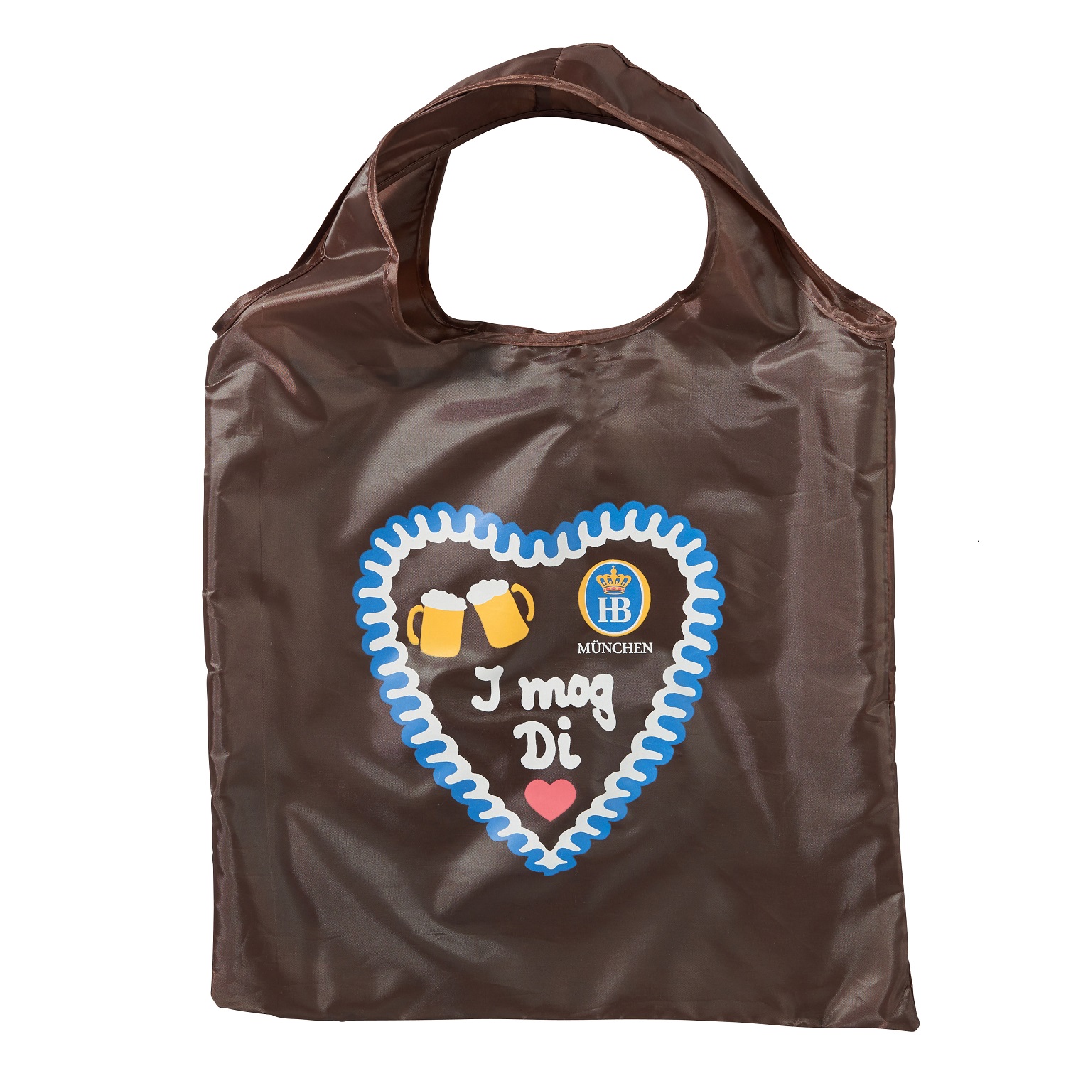 Braune Einkaufstasche mit Herzmotiv, Bierkrügen, HB-Logo und Aufschrift 'I mog Di', vollständig ausgepackt