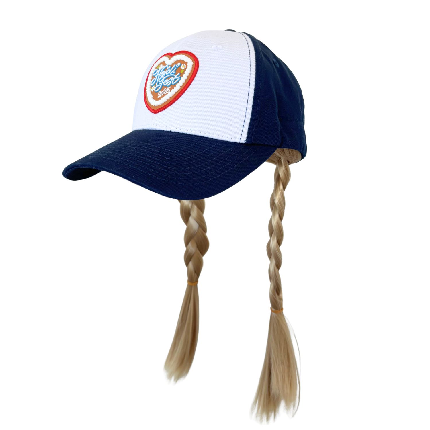 Cap blau/weiß mit blonden Zöpfen, Stirn mit  Lebkuchenherz Heidifest Heidi Klum. auf weißem Grund, Schirm und Hinterseite in blau