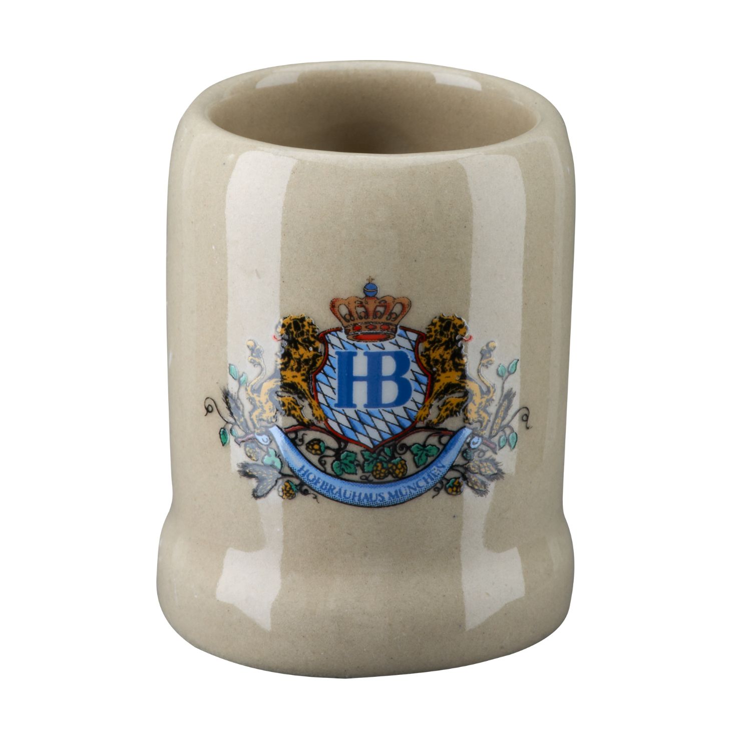 HB Stamperl mit Löwendekor, kleiner Steinkrug mit Wappenmotiv und Hofbräuhaus München Logo