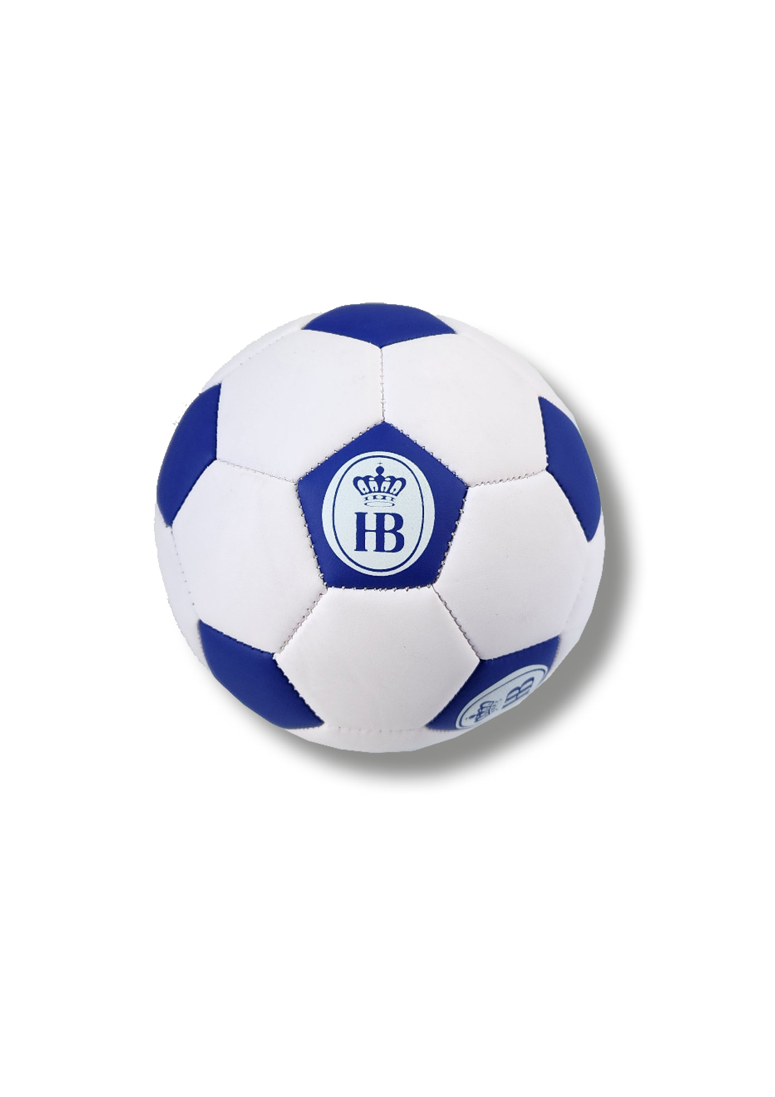 „Kleiner Fußball mit weiß-blauem Muster und zentralem Logo ‚HB‘, das von einer stilisierten Krone über dem Schriftzug gekrönt wird. Der Ball hat eine klassische Panelstruktur und ist für dekorative oder spielerische Zwecke im Miniaturformat gestaltet.“