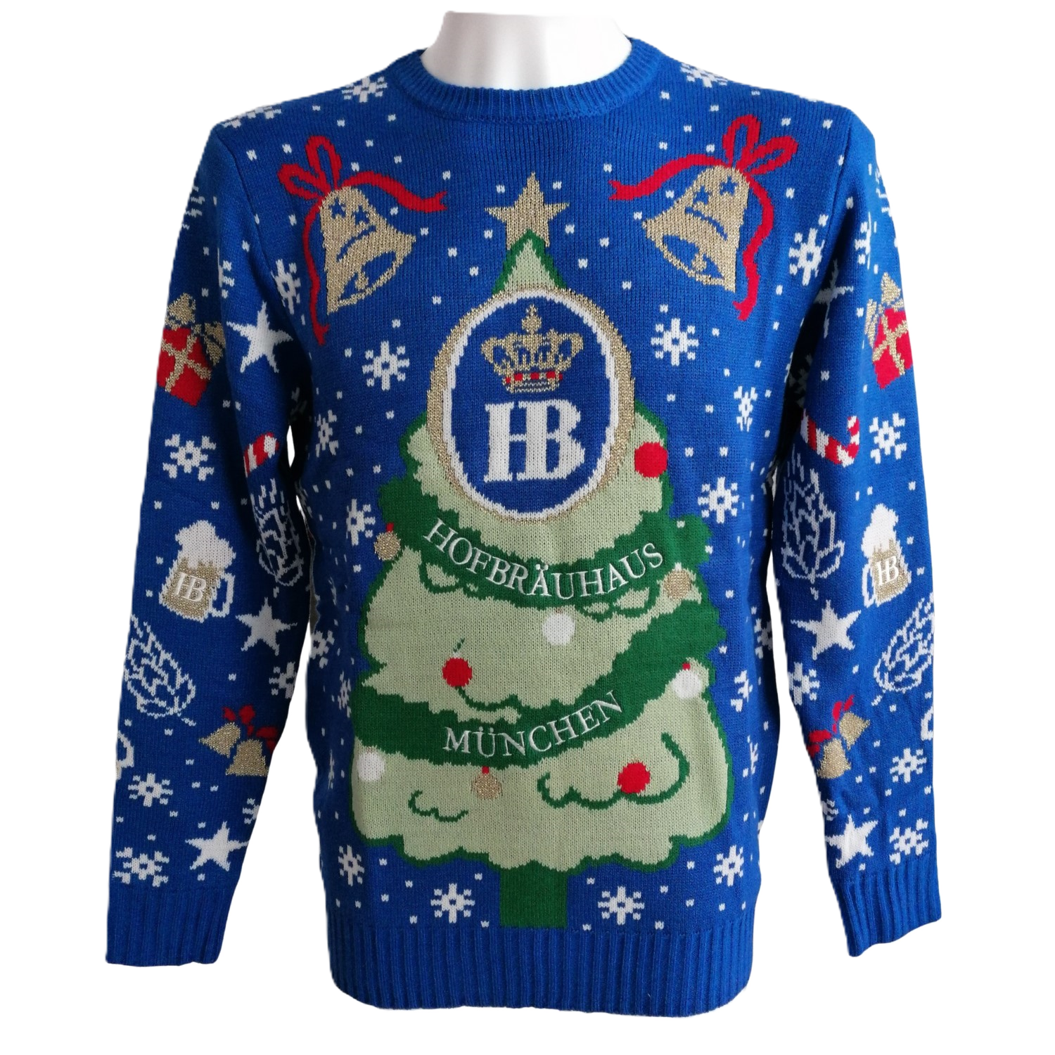 Strickpullover, königsblau mit Weihnachtsbaum und HB Logo, Glocken und Schneeflocken-Motiven, Masskrug-Motive