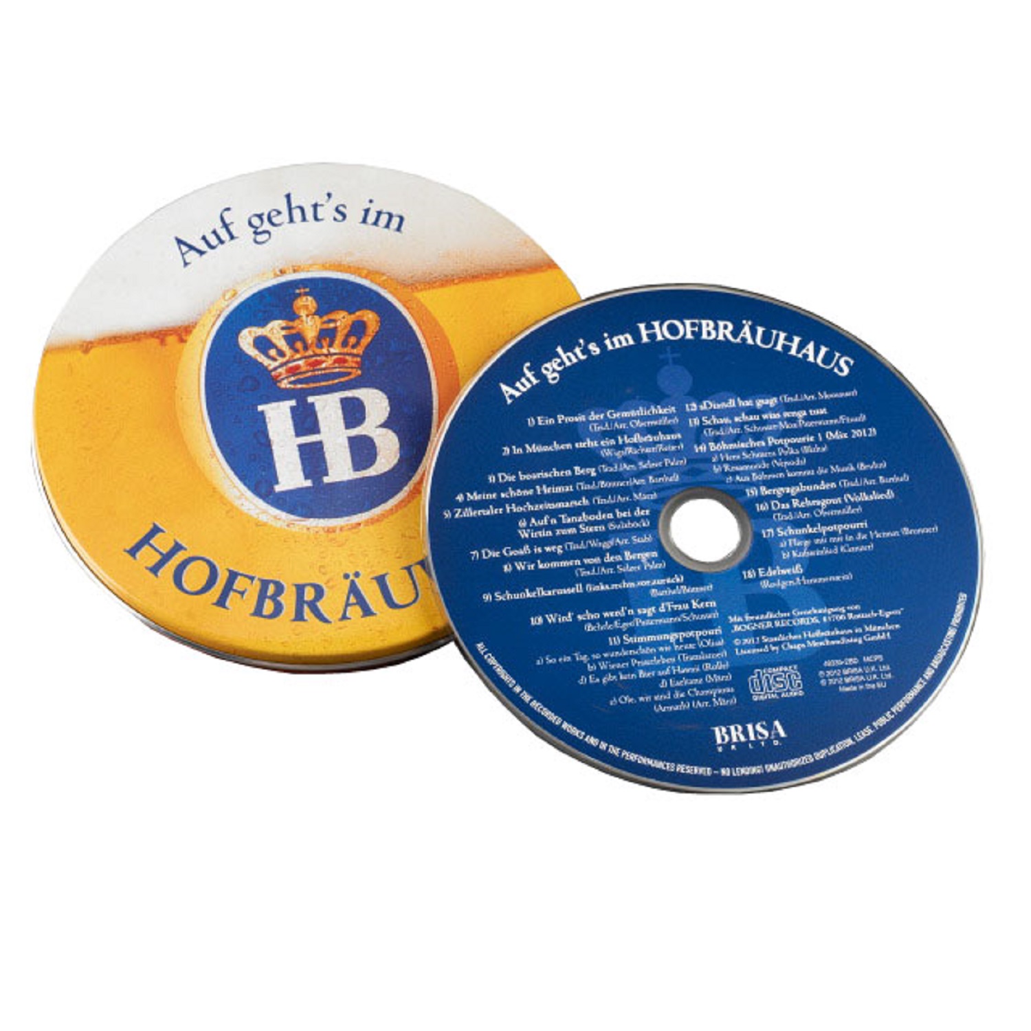 Musik-CD Auf geht’s im Hofbräuhaus in runder Metalldose mit HB-Logo und Bierdesign – traditionelle bayerische Lieder und Stimmungsmusik.