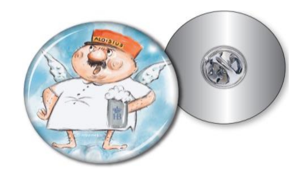 Rundmagnet mit Aloisius-Engel und Maßkrug, daneben Rückseite mit Magnetfläche.