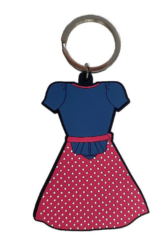 Schlüsselanhänger in Form eines Dirndls, Rückansicht: Blaues Oberteil und roter Rock mit weißen Punkten.