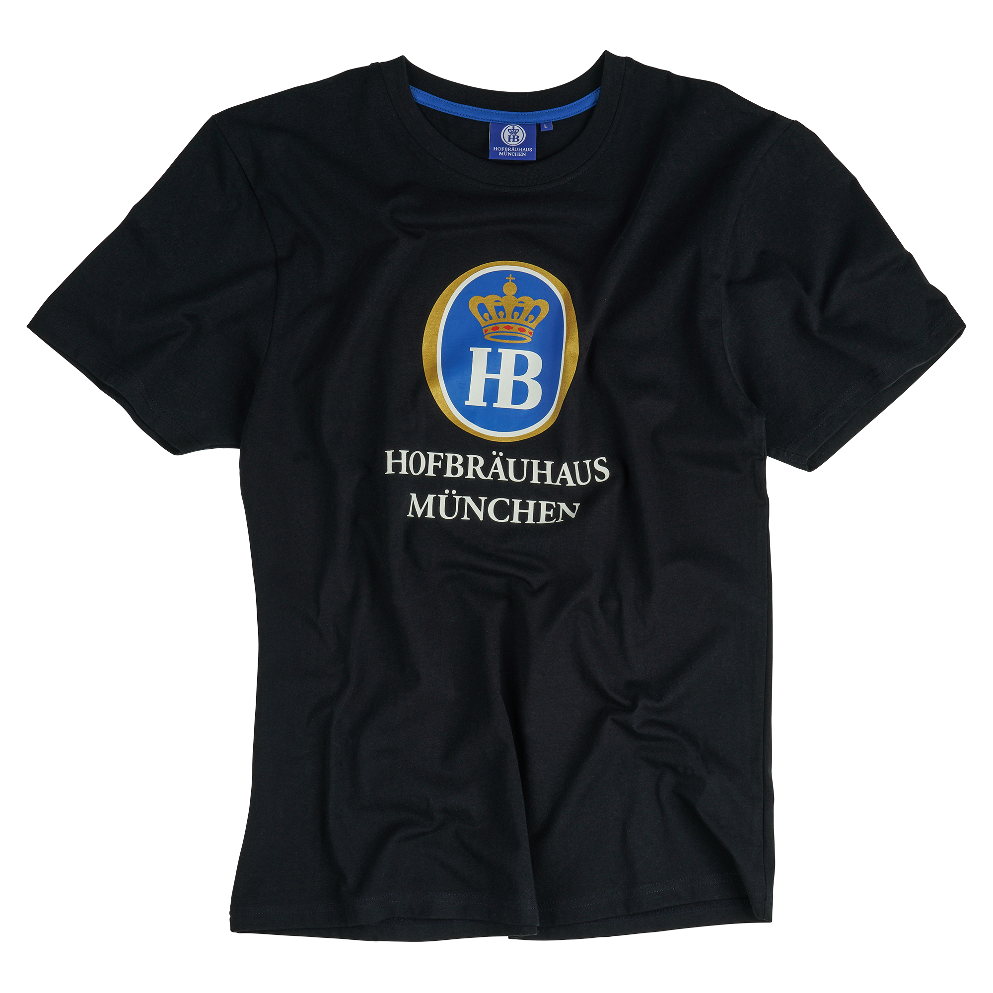 Schwarzes T-Shirt mit dem Hofbräuhaus München-Logo in Blau, Gold und Weiß mittig auf der Vorderseite.