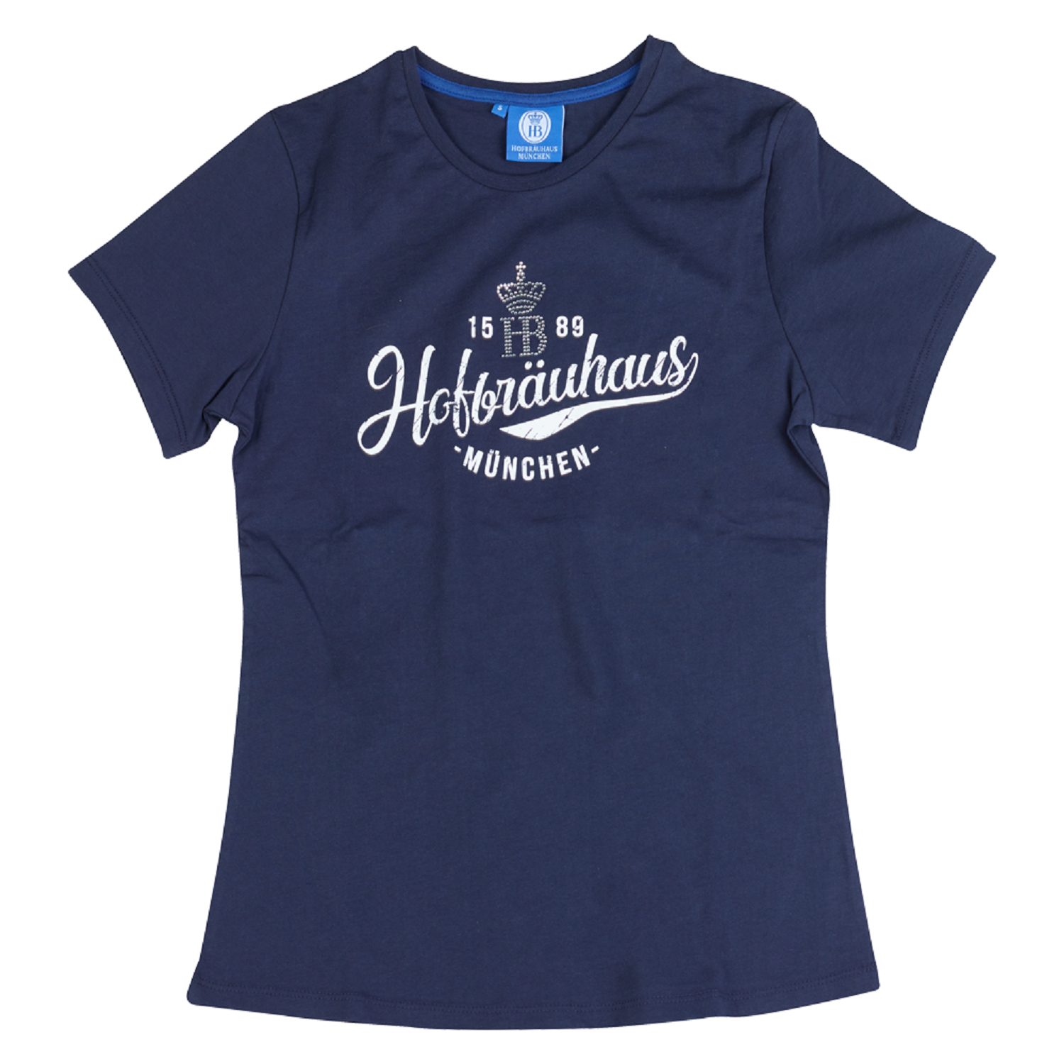 T-Shirt navy Rundhals mit Hofbräuhaus-Schnörkel, 1589Logo mit Strasssteinen