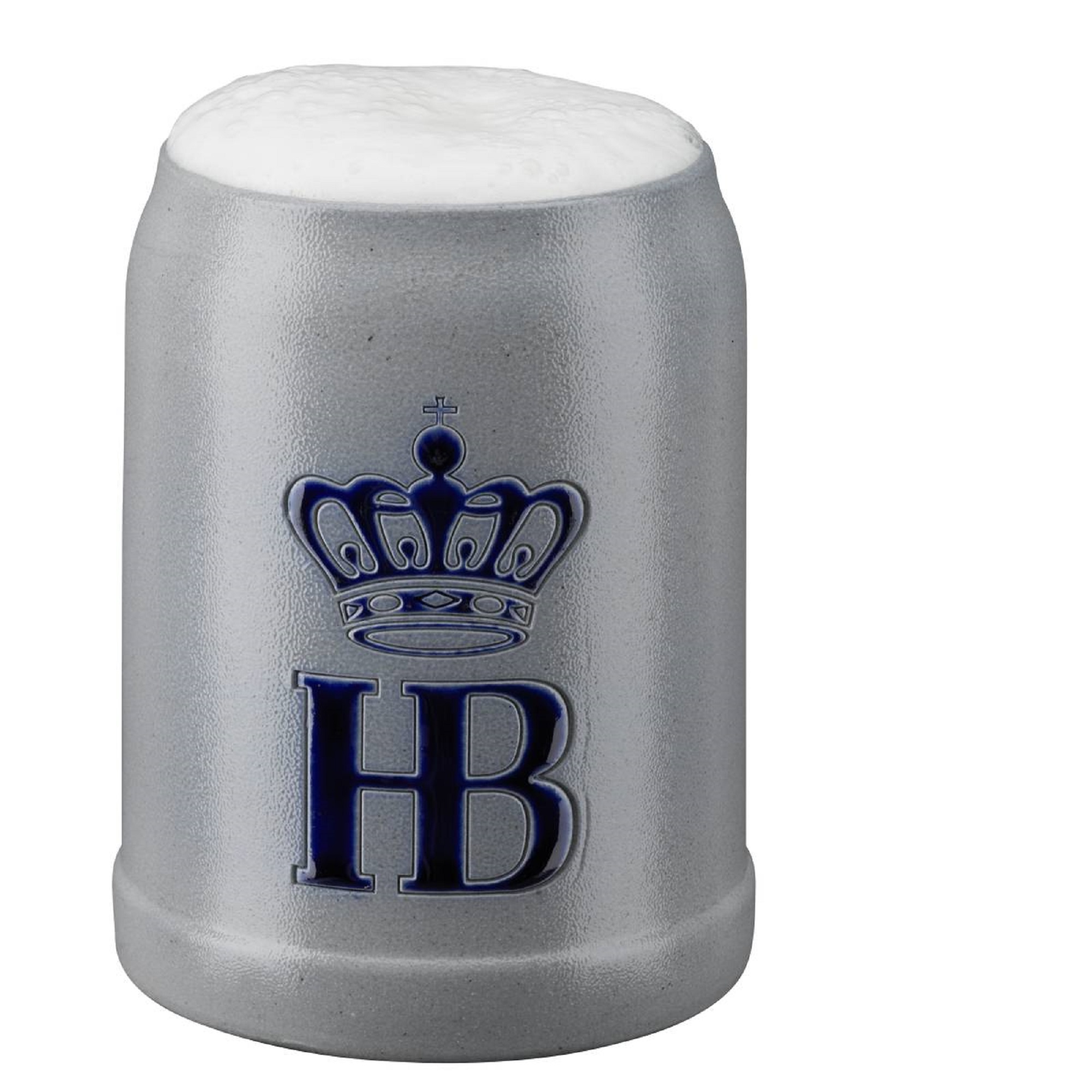 HB-Krug 500 ml aus grauer Salzglasur mit Schaumkrone, ohne Zinndeckel, verziert mit blauem Hofbräuhaus-Logo.
