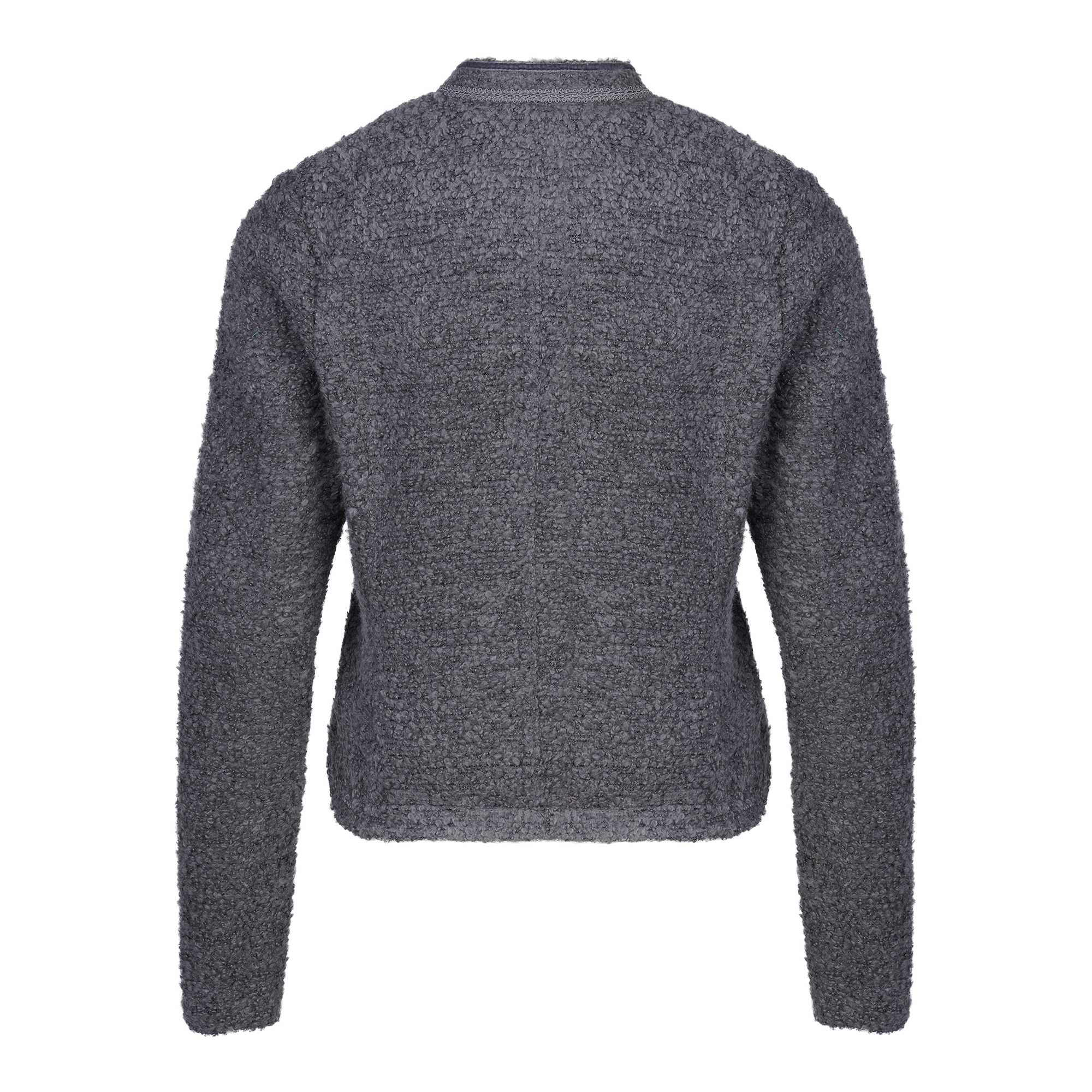Rückseite einer dunkelgrauen, taillierten Strickjacke mit langen Ärmeln.