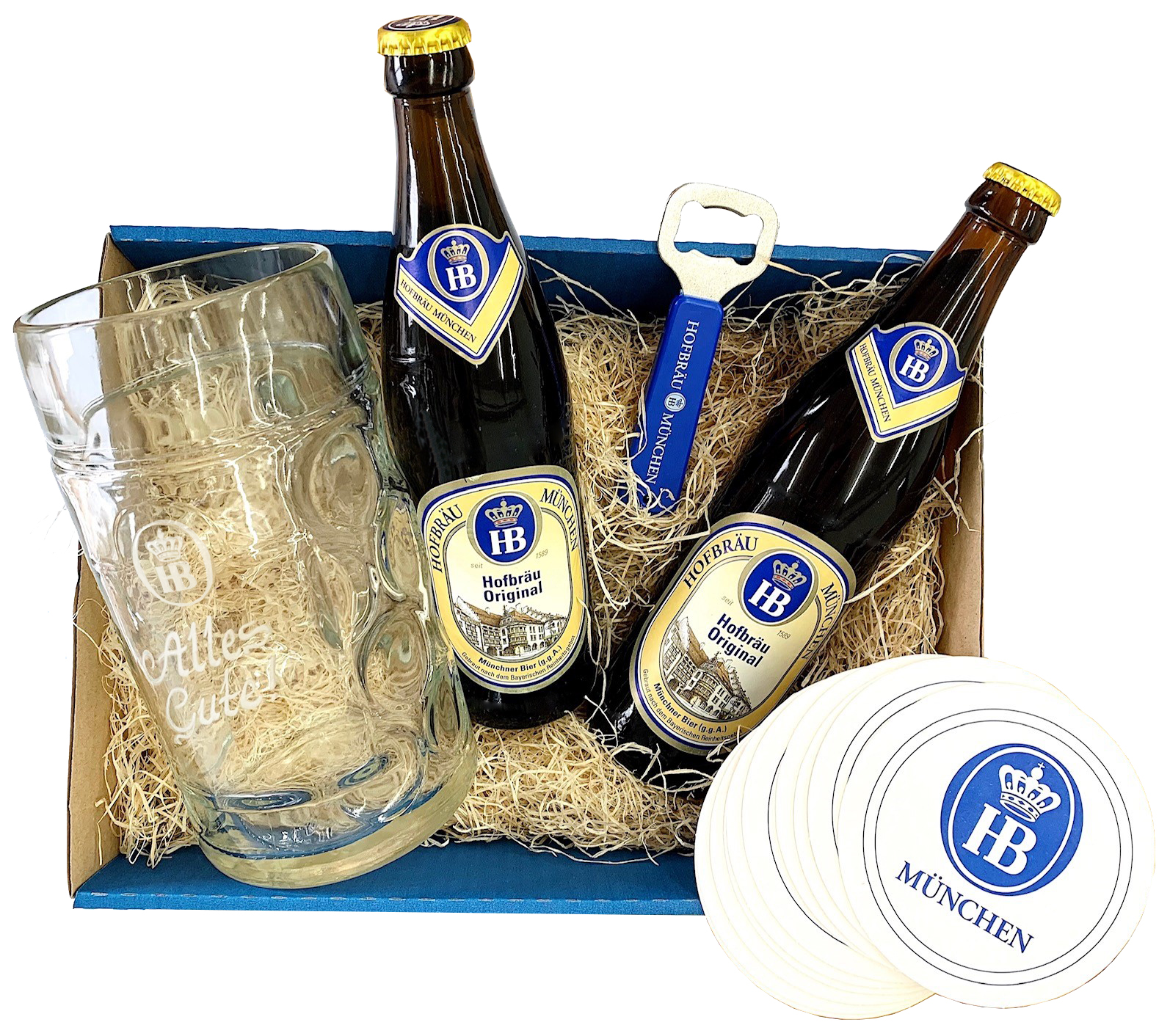 Geschenkpaket ‚Alles Gute‘ mit zwei Hofbräu Original Bierflaschen, graviertem Maßkrug, Flaschenöffner und HB München Bierdeckeln in dekorativer Holzwolle-Verpackung.