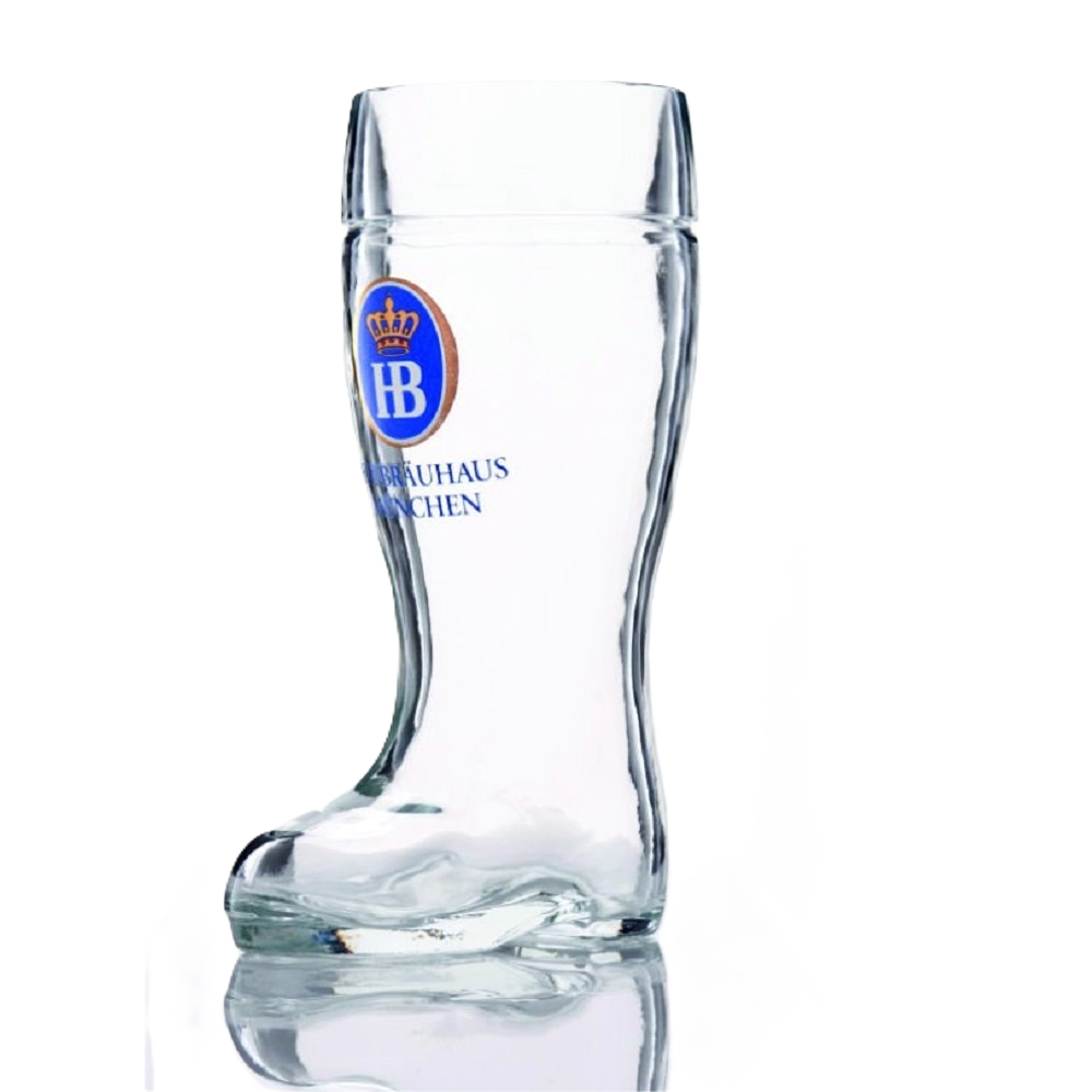 Kleines Schnapsglas in Stiefelform mit Hofbräuhaus München Logo.