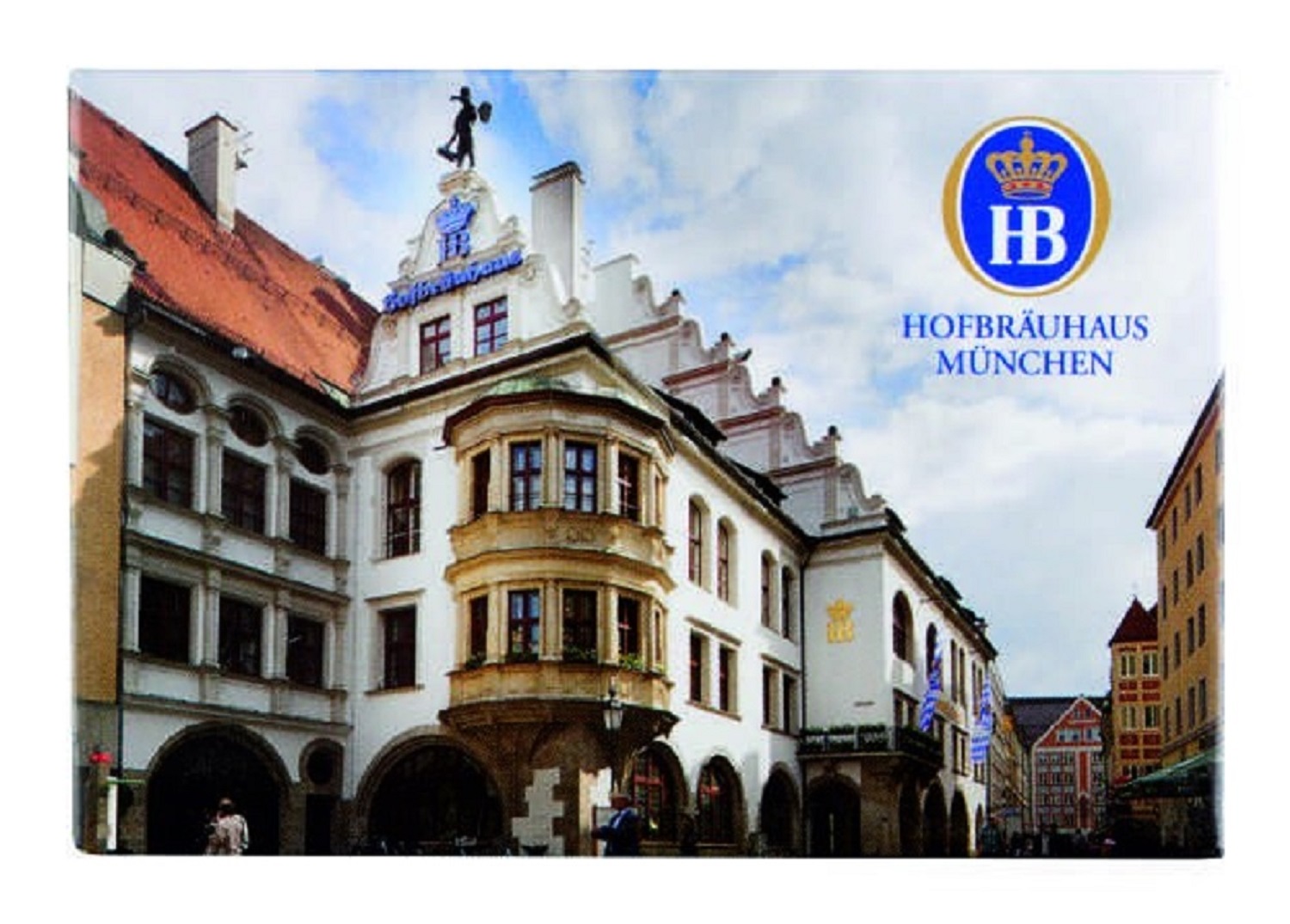 Fotomagnet mit dem Motiv des Hofbräuhaus München bei Tag, historische Fassade mit HB-Logo