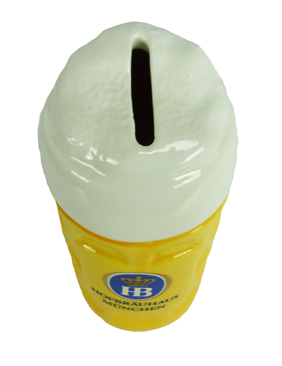 Spardose in Form eines gelben Bierkrugs mit weißem Schaumdeckel, Münzeinwurf oben, Hofbräuhaus München Logo auf der Vorderseite.