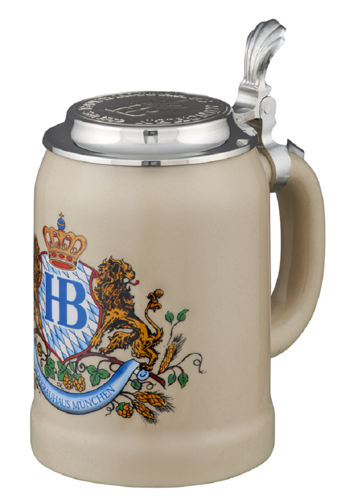 Hofbräuhaus Steinkrug 0,5 l mit Löwendekor, bayerischem Rautenmuster und Zinndeckel, seitliche Ansicht mit Henkel. Seitliche Ansicht 