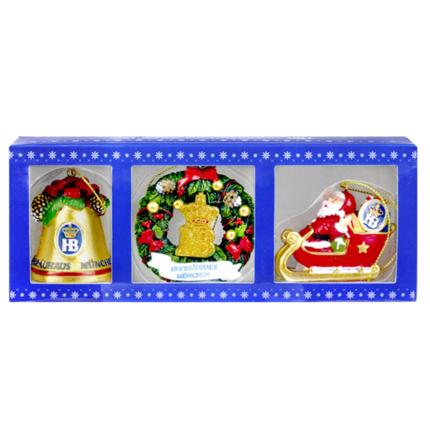  „Set aus drei weihnachtlichen Christbaumschmuck-Anhängern in blauer Box mit Schneeflocken: Glocke mit ‚HB München‘ und Stechpalme, Kranz mit Krone und ‚Hofbräuhaus München‘, sowie Weihnachtsmann im Schlitten mit Geschenken und HB-Logo.“