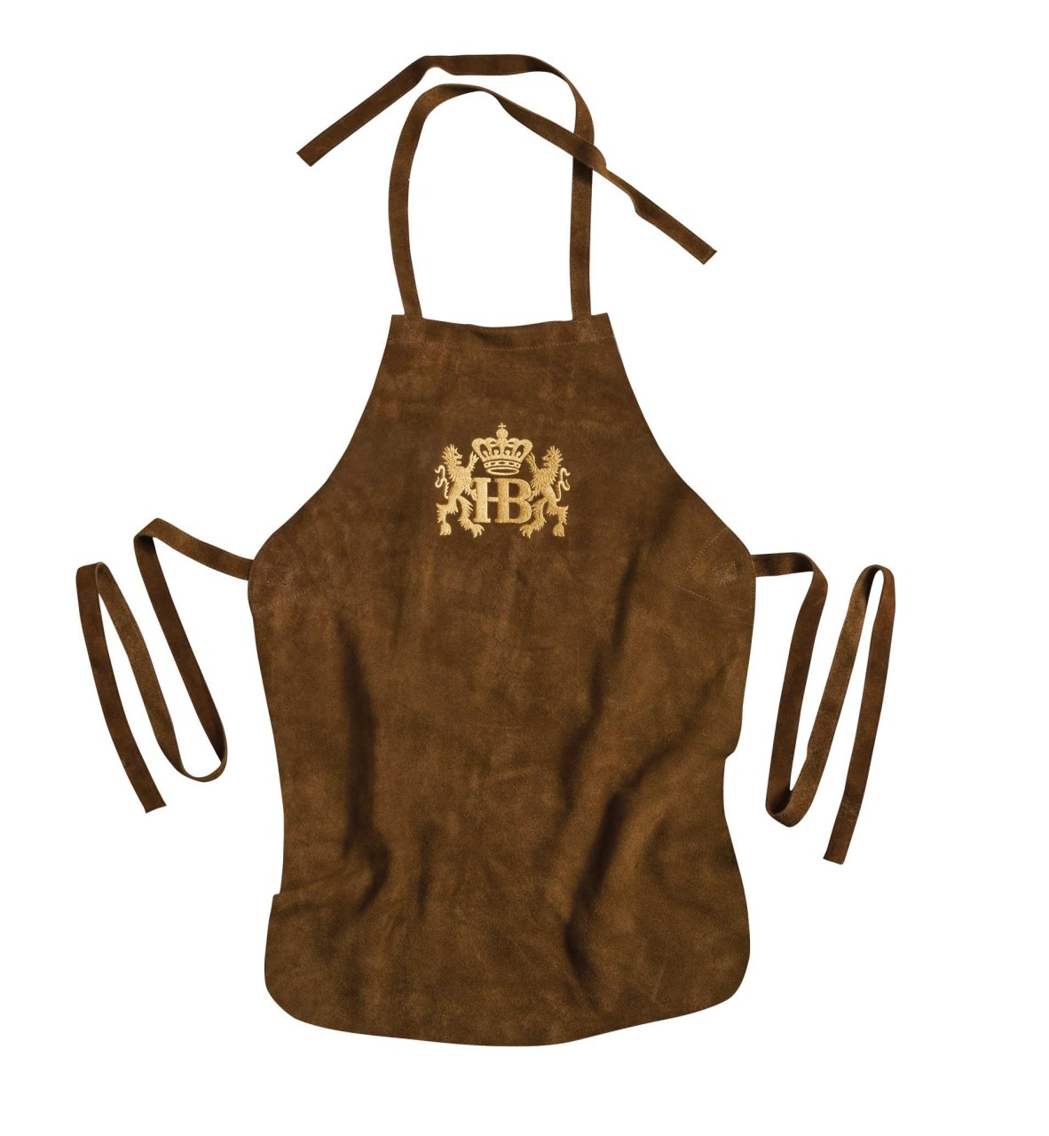 Braune Leder-Schürze mit goldfarbenem Hofbräuhaus-Wappen und HB-Logo, verstellbare Nacken- und Hüftbänder.