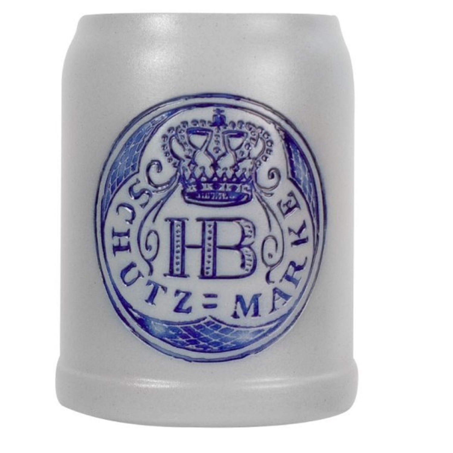 Grauer Steinkrug mit blauem HB-Schutzmarke-Logo und Krone auf der Vorderseite