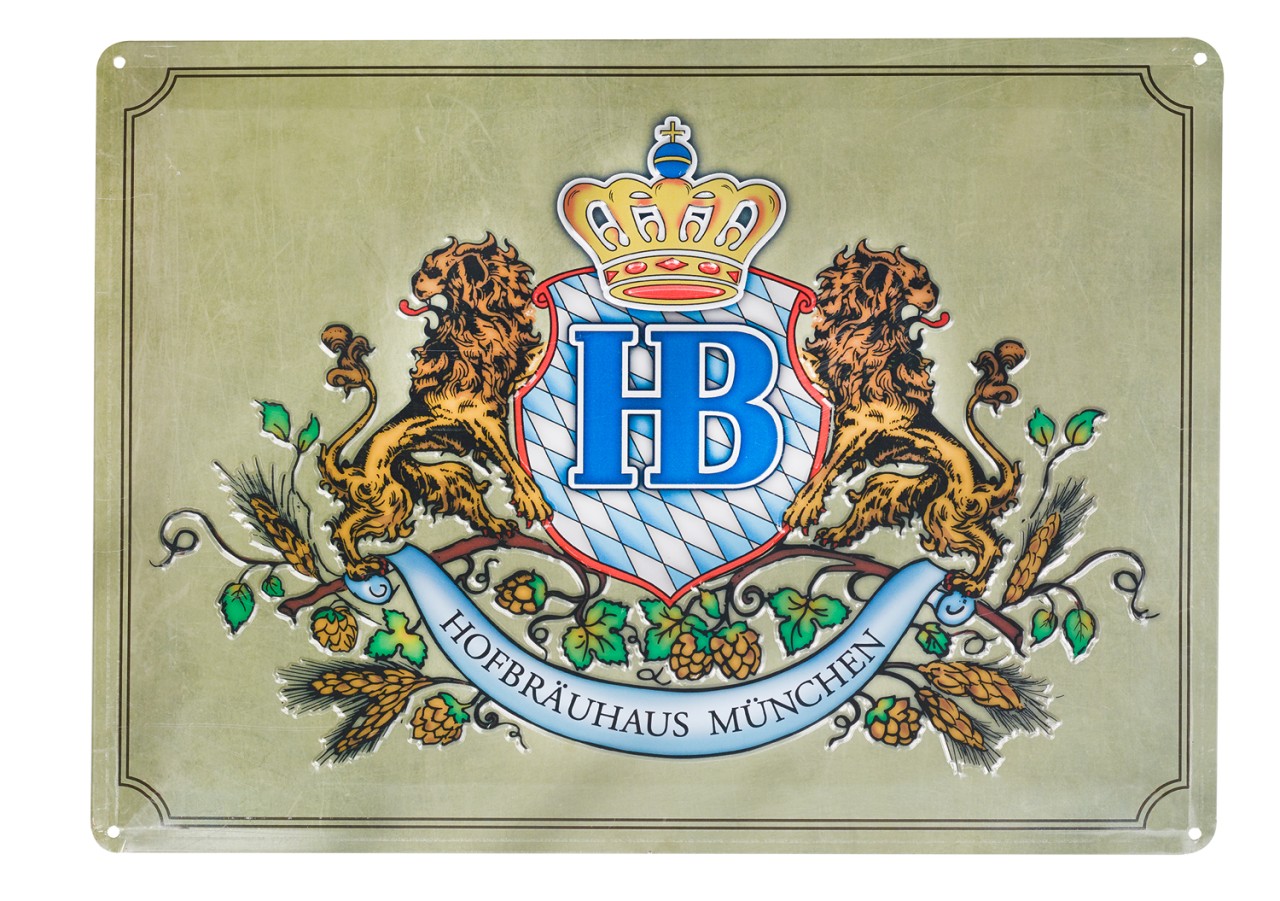 Metallschild mit Hofbräuhaus München Wappen, zwei Löwen und bayerischem Rautenmuster.