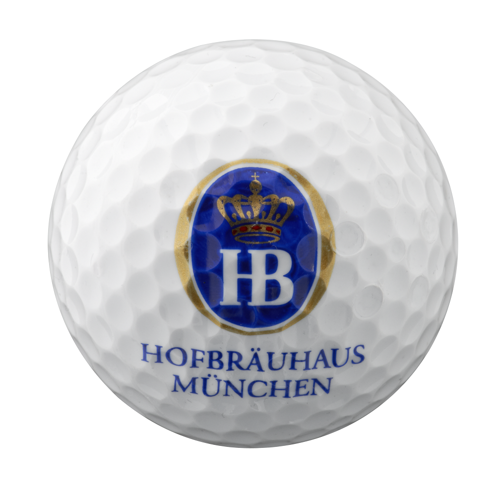 Weißer Golfball mit Hofbräuhaus München Logo in Blau und Gold