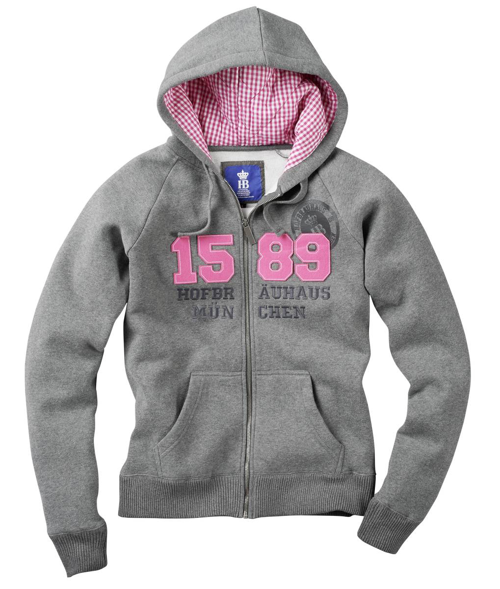 Grauer Damen-Kapuzensweater mit pinkem 1589 Aufdruck, Hofbräuhaus München Schriftzug und kariertem Innenfutter