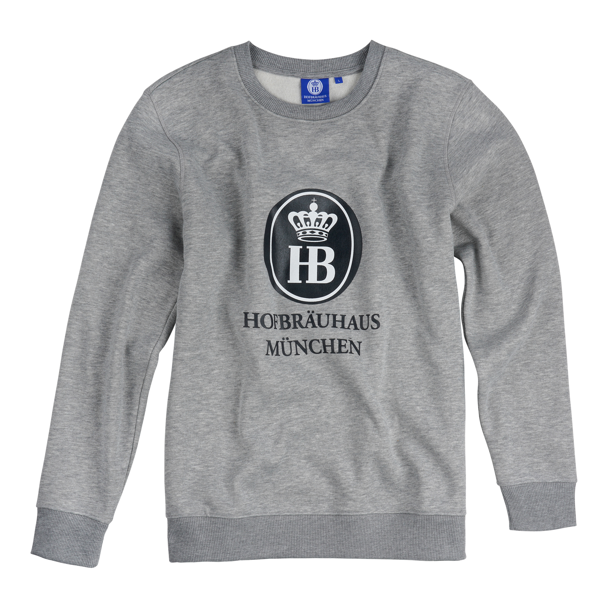 grauer Crewneck-Sweater mit  HB-Logodruck auf Brust und Hofbraeuhaus Muenchen Schriftzug