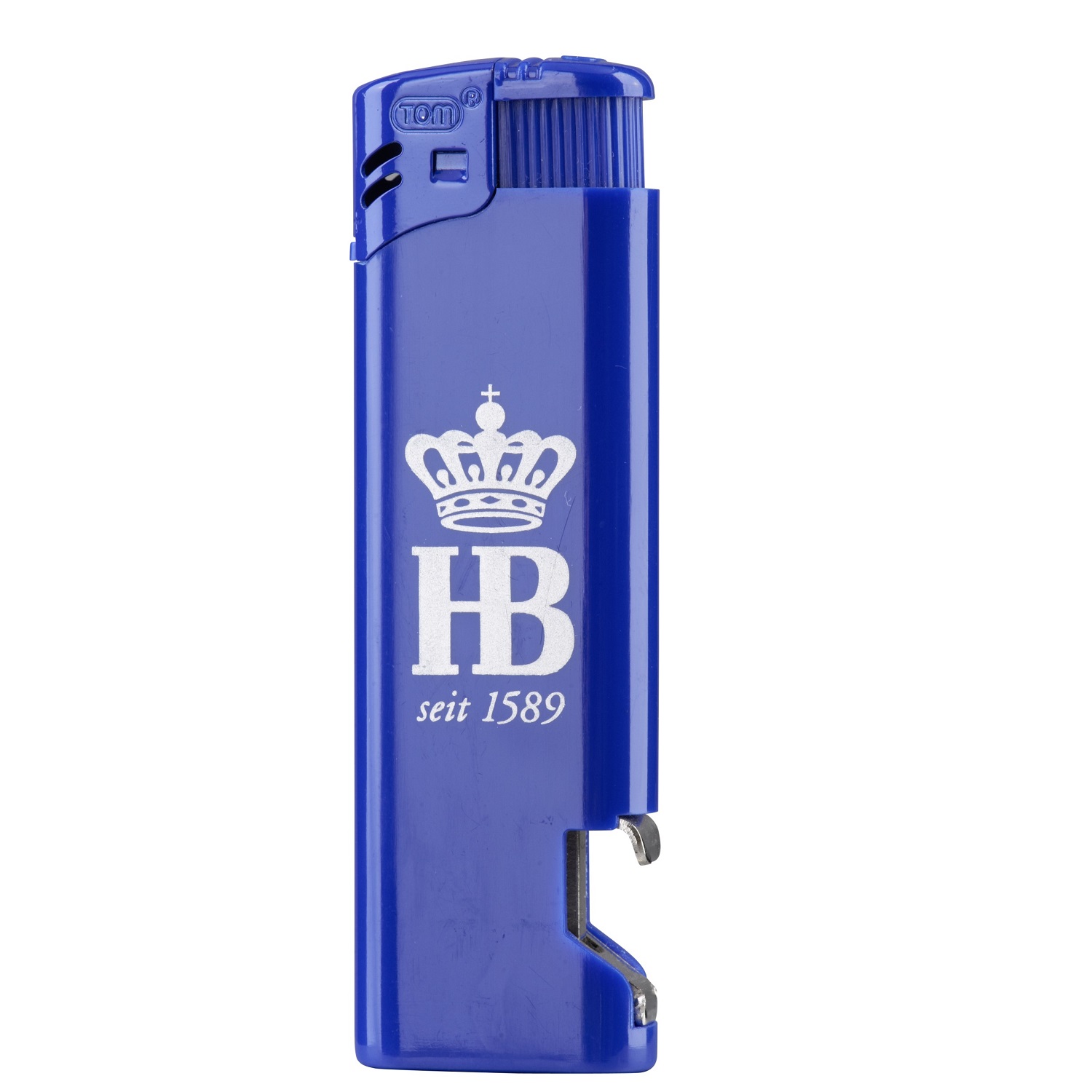 Blaues Feuerzeug mit weißem Hofbräuhaus-Logo, Krone und Schriftzug 'seit 1589', inklusive integriertem Flaschenöffner