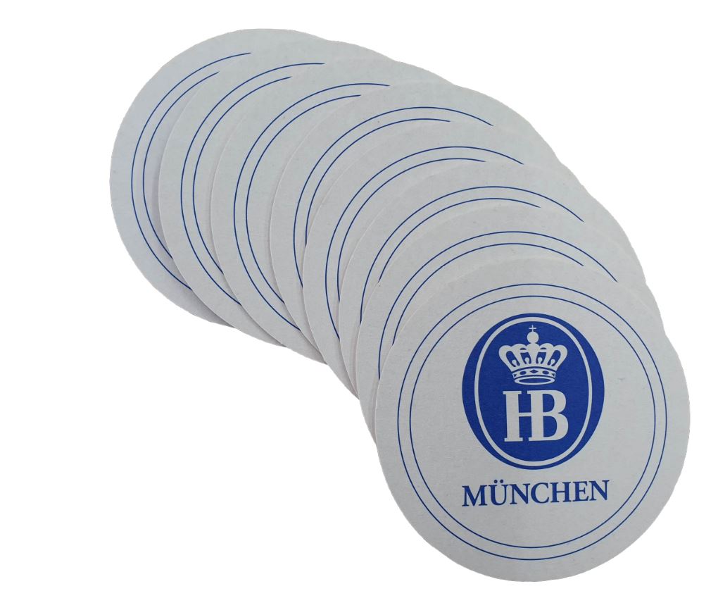 HB München Bierdeckel in Silber mit Blauen HB Logo mit Krone