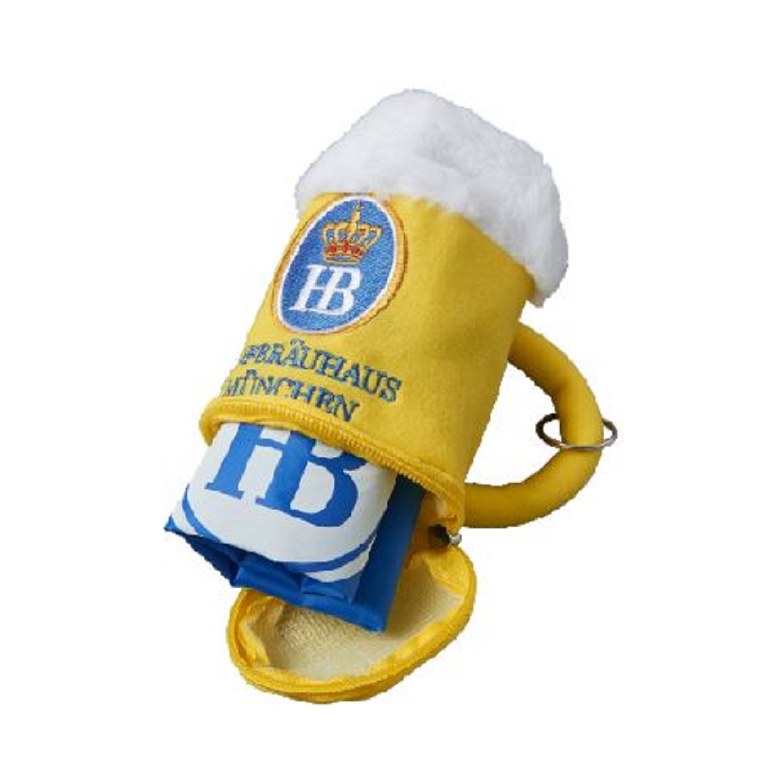 Gelbe HB-Einkaufstasche im Design eines Bierseidel mit Schaumstoffverschluss, Reißverschlussfach und herausziehbarer blauer Tragetasche mit HB-Logo.