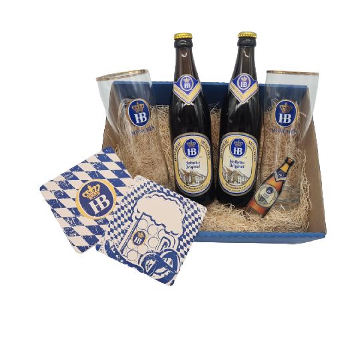 Geschenkbox 'Münchner Original' mit zwei HB-Bierflaschen, zwei Gläsern, Keramikuntersetzern im Rautenmuster und einer Miniaturflasche