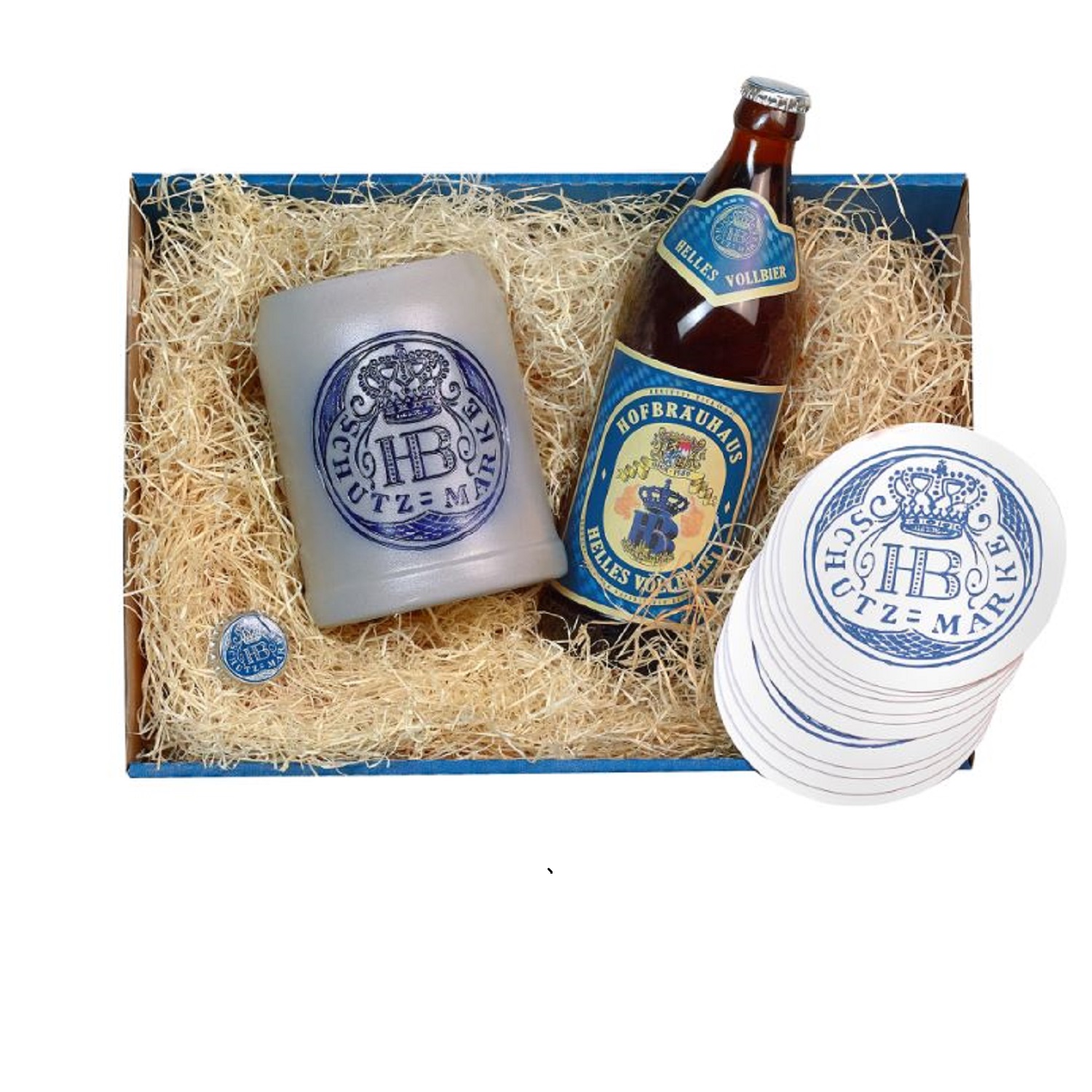 Geschenkbox Hofbräuhaus München mit Steinkrug im Schutzmarke-Design, 0,5 Liter Flasche Hofbräu Helles Vollbier und Bierdeckel-Set