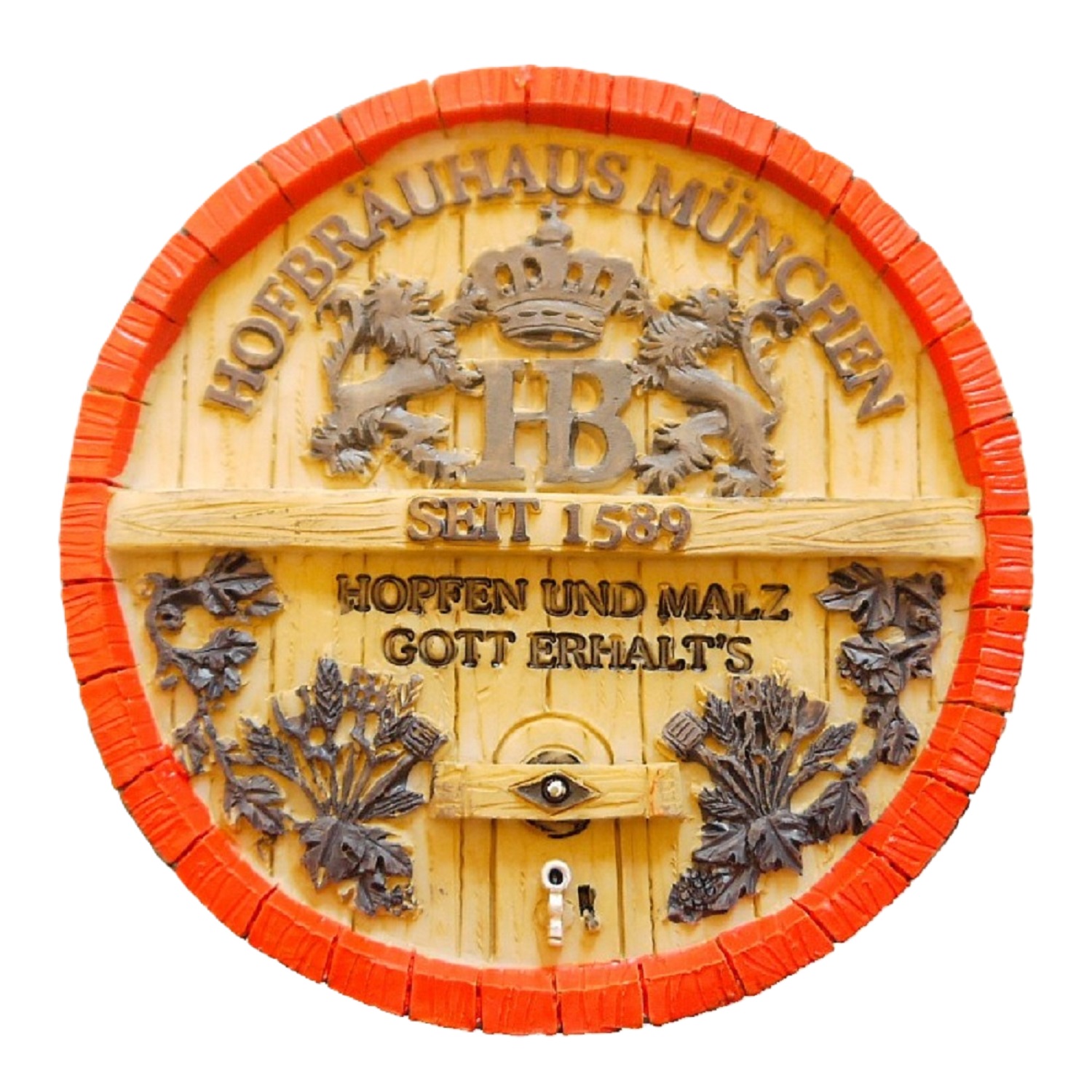 Runder Magnet im Fassdeckel-Design mit rotem Rand, Hofbräuhaus München Schriftzug, HB-Wappen und Gravur 'Hopfen und Malz – Gott erhalt’s