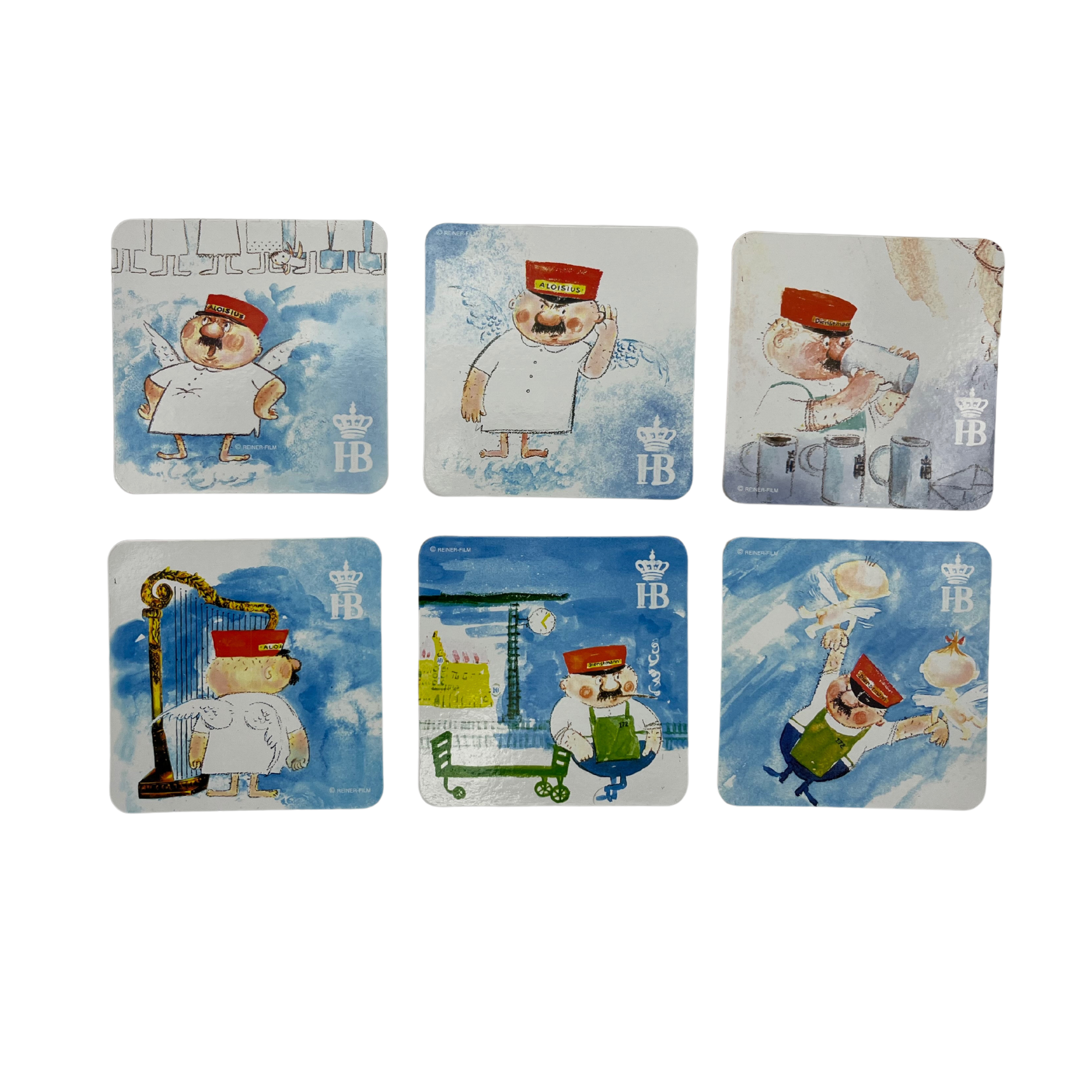 „Set aus sechs quadratischen Untersetzern mit verschiedenen Illustrationen des Aloisius, dem verstorbenen, zum Engel gewordenen Münchner Dienstmann. Die Figuren sind in traditioneller bayerischer Tracht dargestellt und in humorvollen Szenen zu sehen, umge