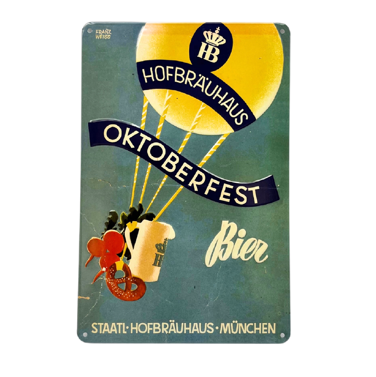 Metallschild im Retro-Design mit HB-Logo und Schriftzug 'Hofbräuhaus Oktoberfest Bier'. Motiv: Ballon mit Bierkrug, Brezn und Radi, im Hintergrund grünlich-blauer Farbton