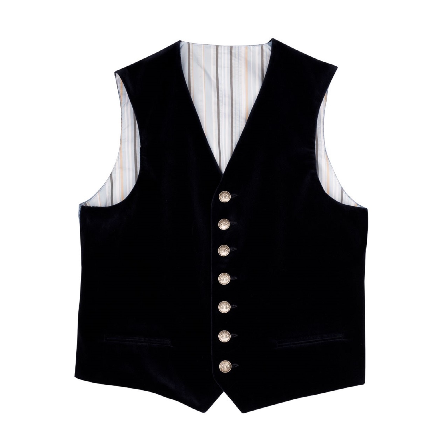 Vorderansicht der HB Trachtenweste Aloisius in Schwarz mit silberfarbenen Knöpfen und gestreiftem Innenfutter.
