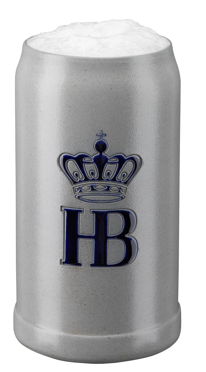 gefüllter Salzkrug in grau, mit blauem HB-Logo mit Krone