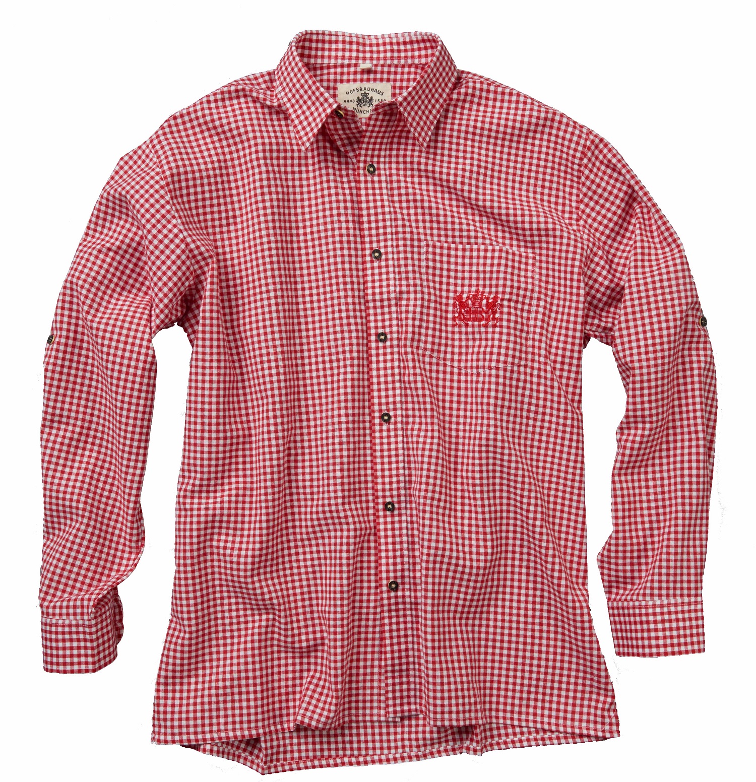 HB HB-Trachtenhemd-rot-kariert mit  Hofbräuhaus Löwen Wappen auf der Brust