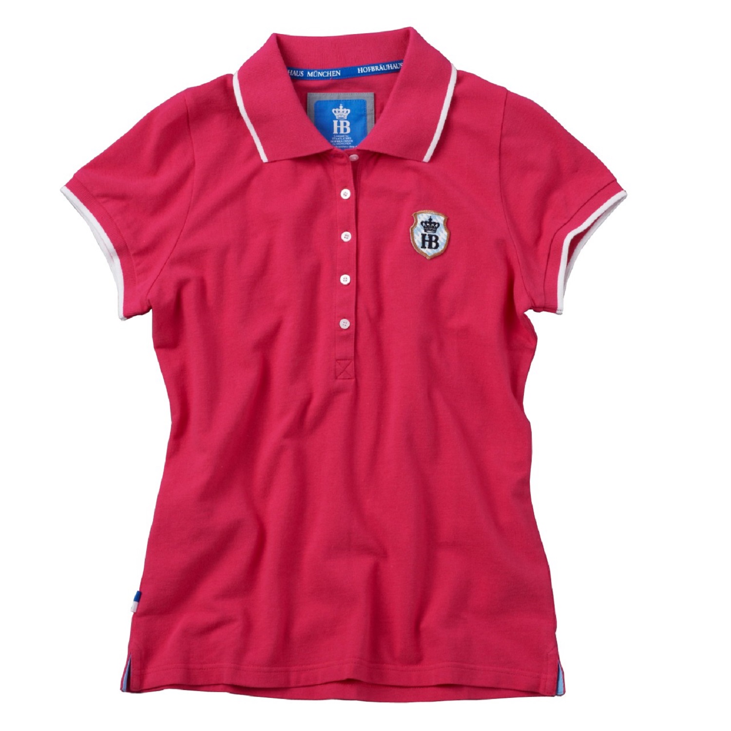 Damen-Poloshirt in Pink mit kurzem Arm, Knopfleiste und weißem HB-Patch-Logo auf der Brust