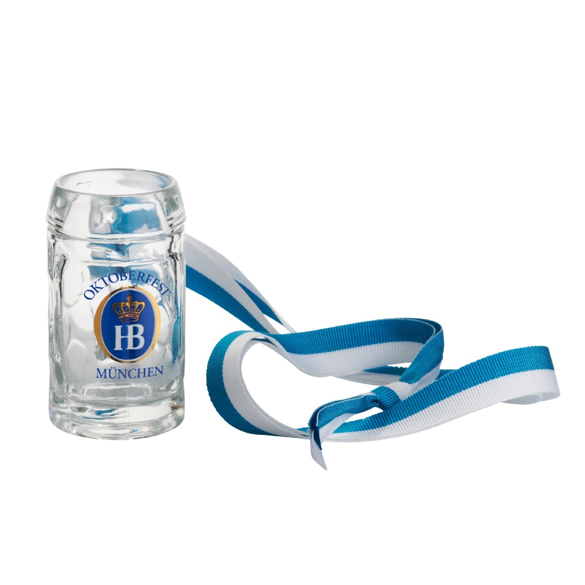 Kleiner Maßkrug aus Glas mit Hofbräuhaus München Logo und blau-weißem Band