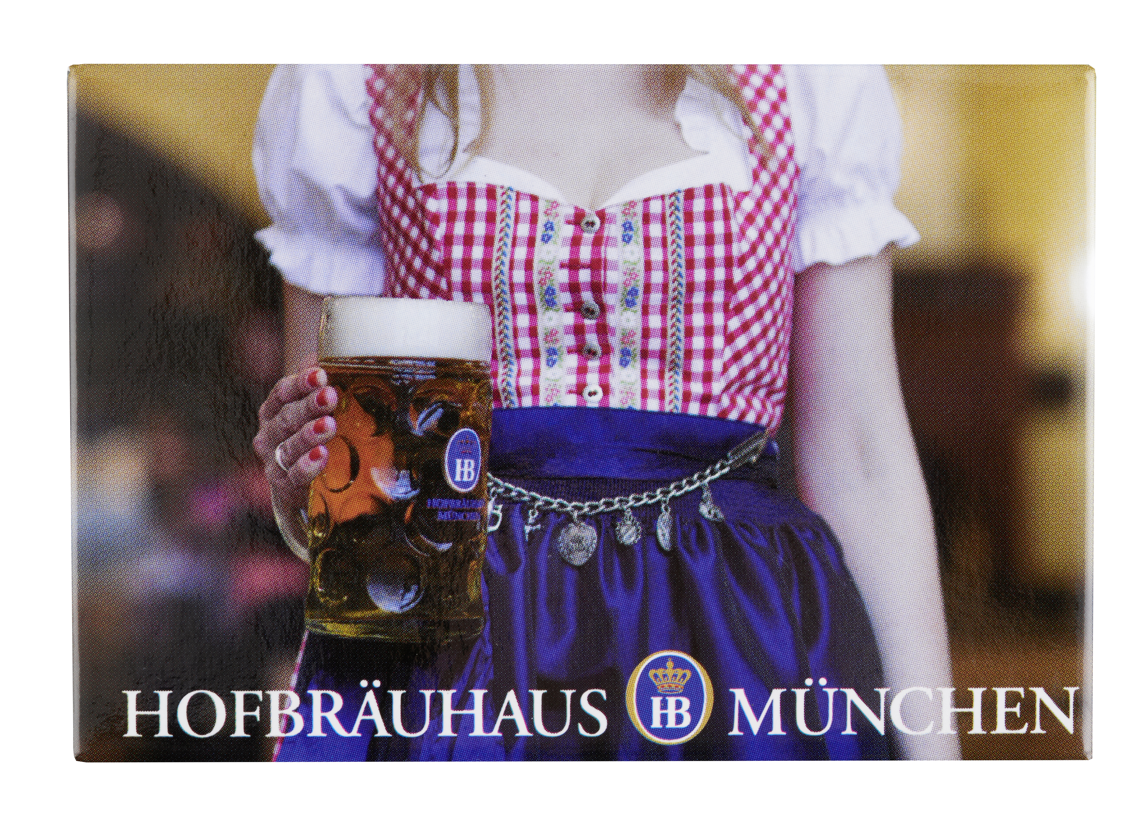 Fotomagnet Madl mit Dirndl und einer Maß in der Hand,  ohne Kopf und Beine, Querformat 8 x 5,5 cm