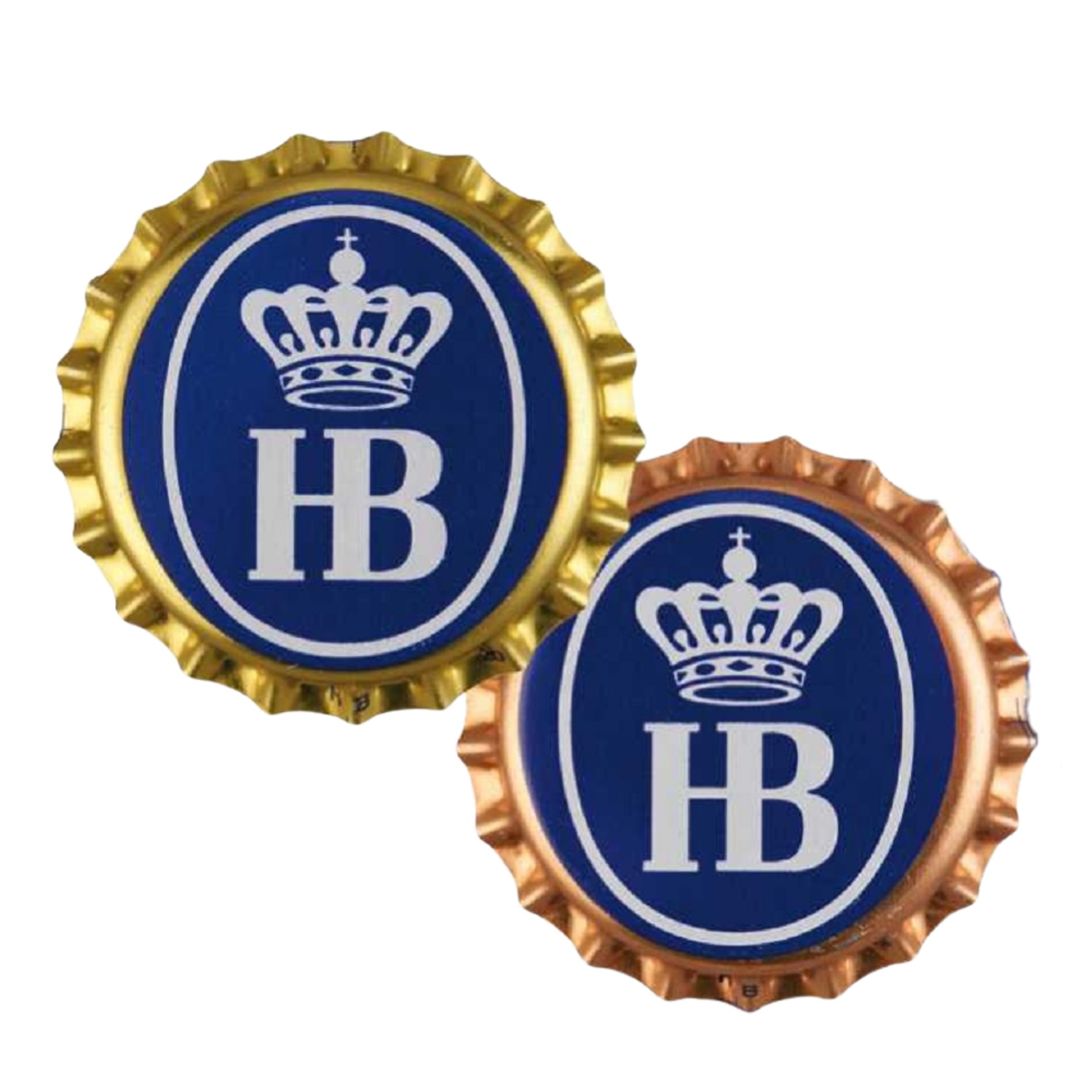 Pins in Form eines HB-Kronkorken, in Gold, Silber, Bronze ; mit weißem HB-Logo mit Krone auf blauem Grund