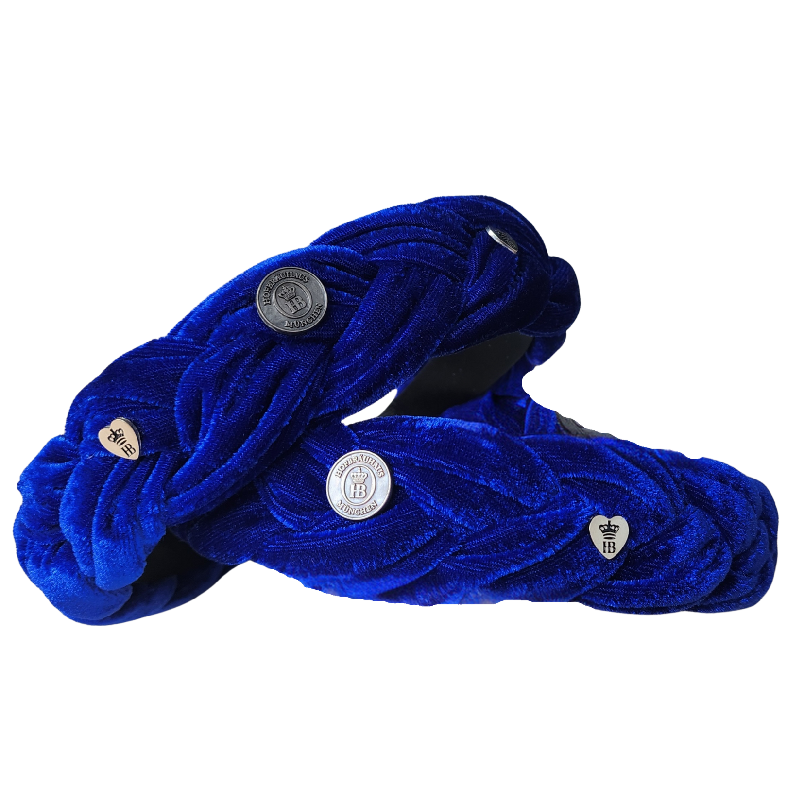 Zwei blaue Samt-Haarreifen mit geflochtenem Design und silbernen Zierknöpfen.