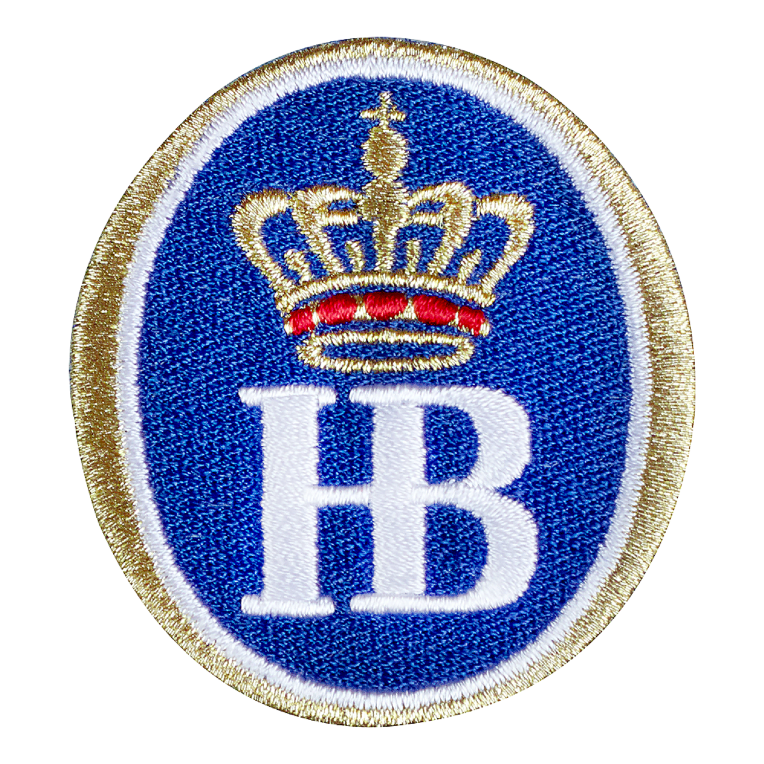 Klassischer Bügelpatch mit HB-Logo in Blau, Weiß und Goldkrone.