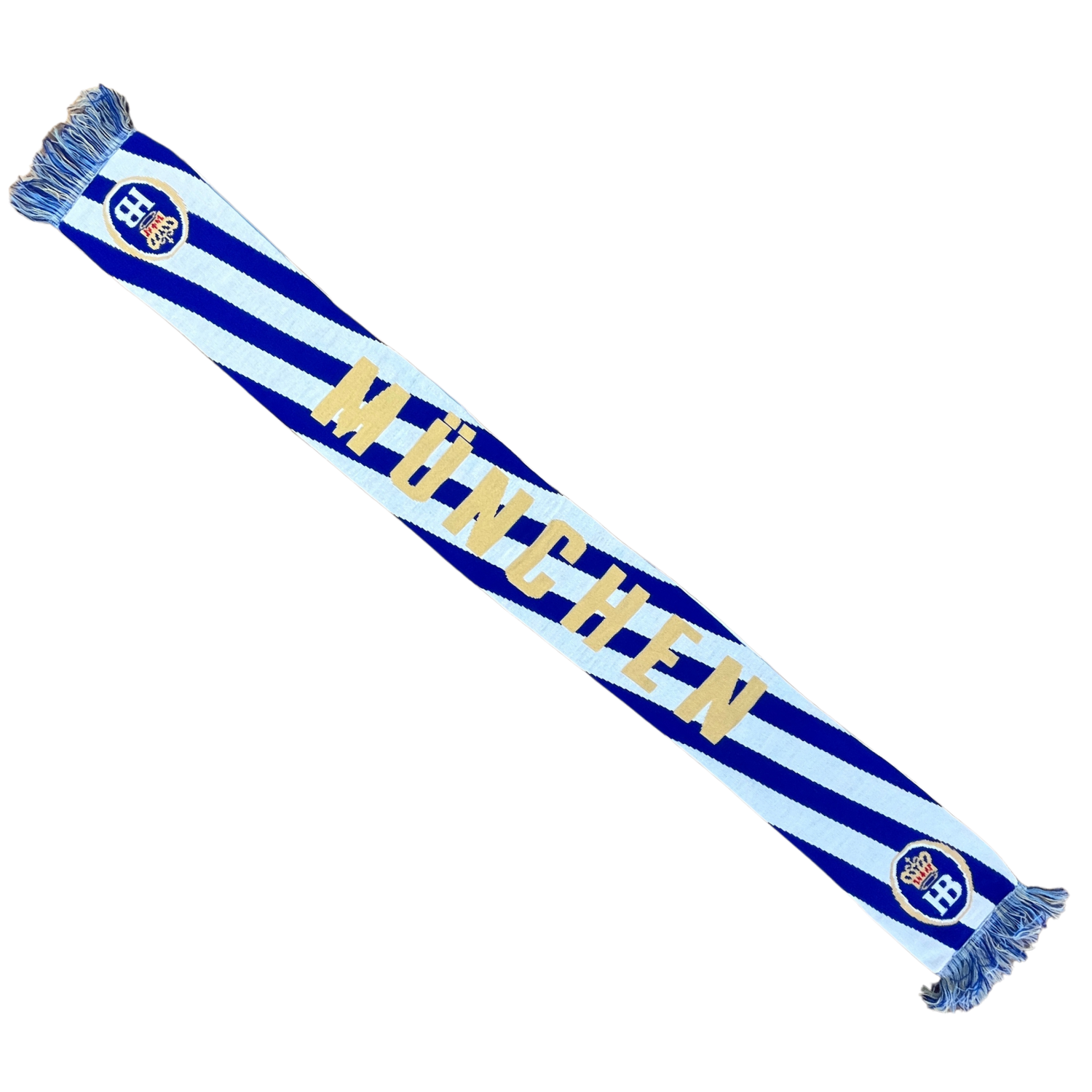 Blauer Fanschal mit weiß-blauen Streifen, gelber Aufschrift „MÜNCHEN“ und Hofbräuhaus-Logos an beiden Enden.