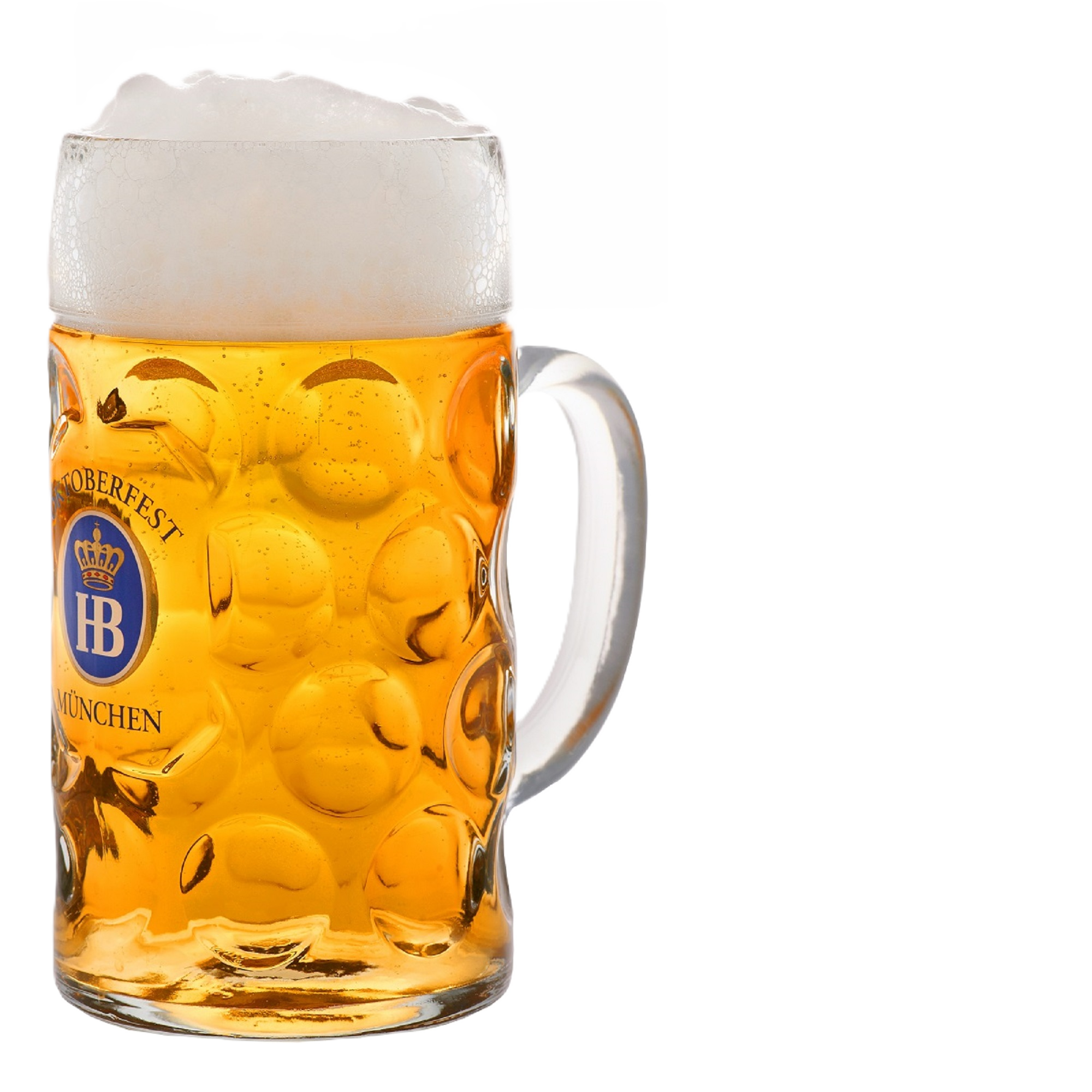 HB Glaskrug Isarseidel 1,0 l – Seitenansicht, klassischer Bierkrug mit Henkel aus dem Hofbräuhaus München.